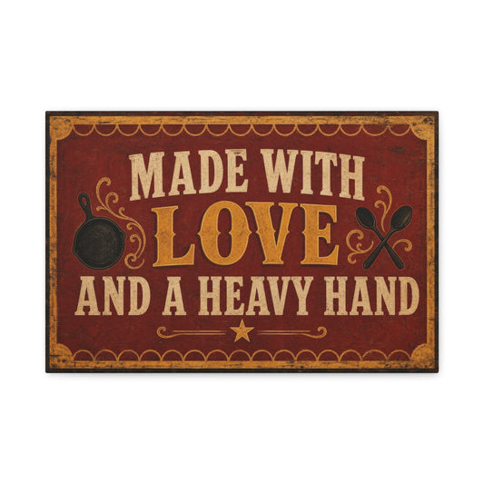 "Made With Love And A Heavy Hand" Kitchen Canvas Wall Art - Rustic Vintage Typography Print, Farmhouse Cooking Decor, Dining Room Wall Decor, Country Home Decoration - Ready to Hang - Ready to Hang