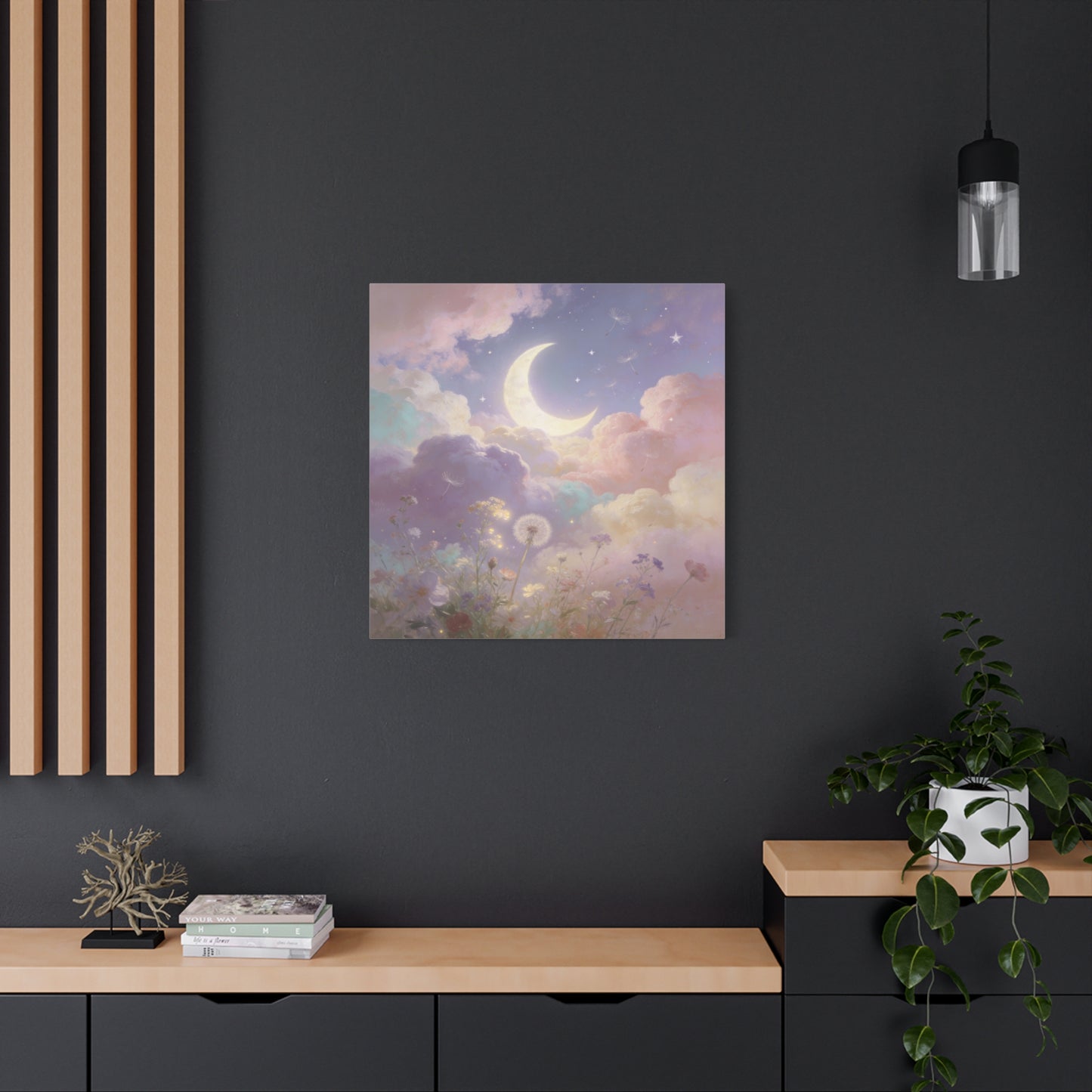 Crescent Moon Canvas Art Print - Dreamy Pastel Clouds, Dandelion Sky, Celestial Floral Scene - Cotton Matte Artwork - Lavender Nursery Accent, Bedroom Decoration, Meditation Space Decor