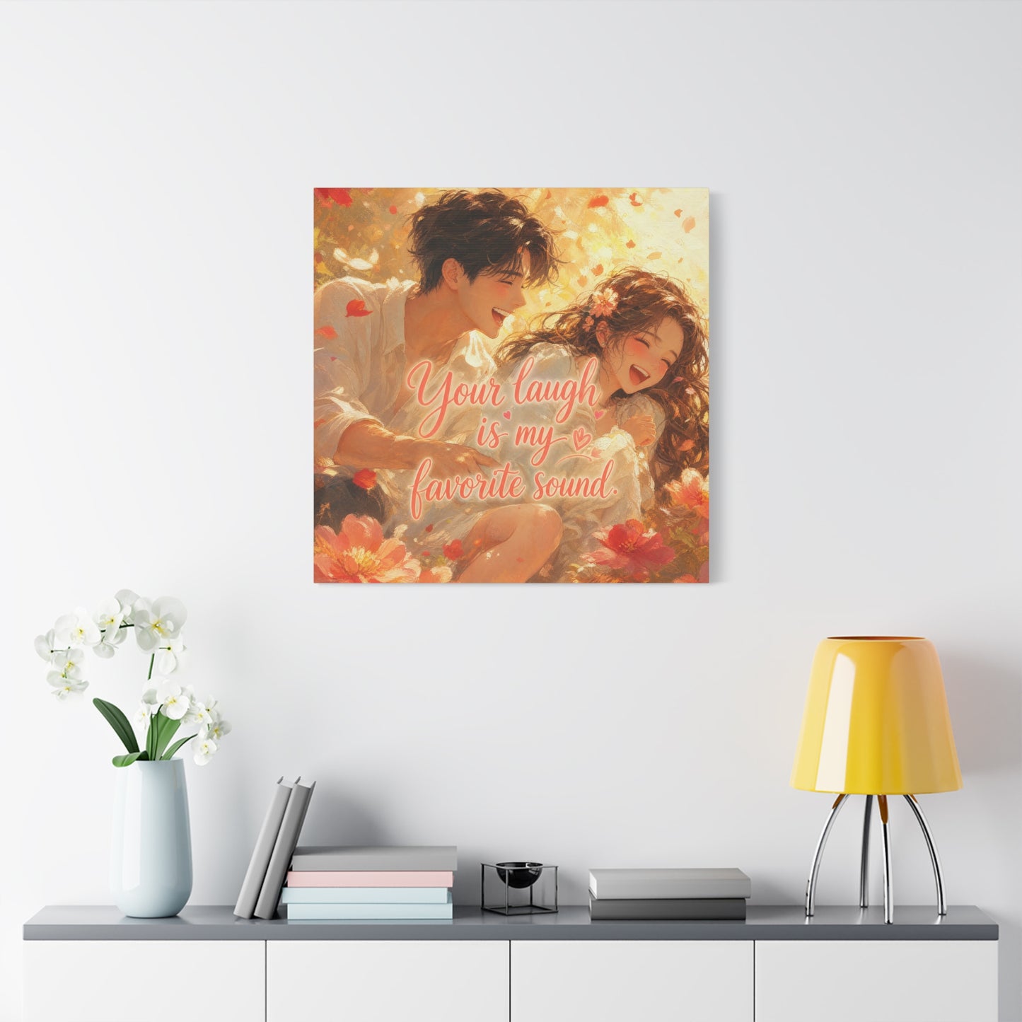 "Your Laugh Is My Favorite Sound" Romantic Couple Canvas Wall Art - Floral Love Quote Print - Warm Golden Painterly Style - Bedroom Wall Decor, Living Room Home Decoration - Bedroom Home Decoration