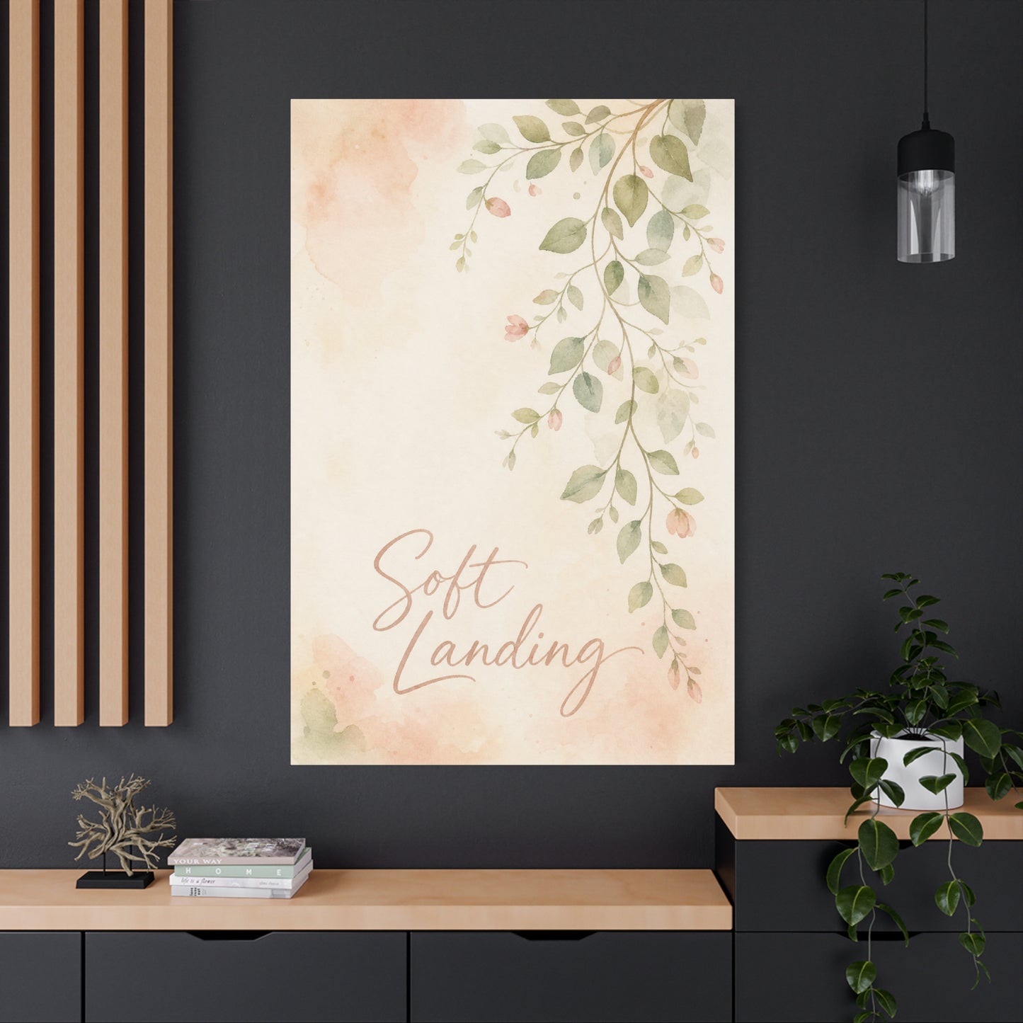 "Soft Landing" Botanical Canvas Wall Art - Watercolor Leaf Branch Quote Print - Blush Sage Floral Typography Decor - Bedroom Wall Hanging - Bedroom Home Decoration - Modern Farmhouse Style