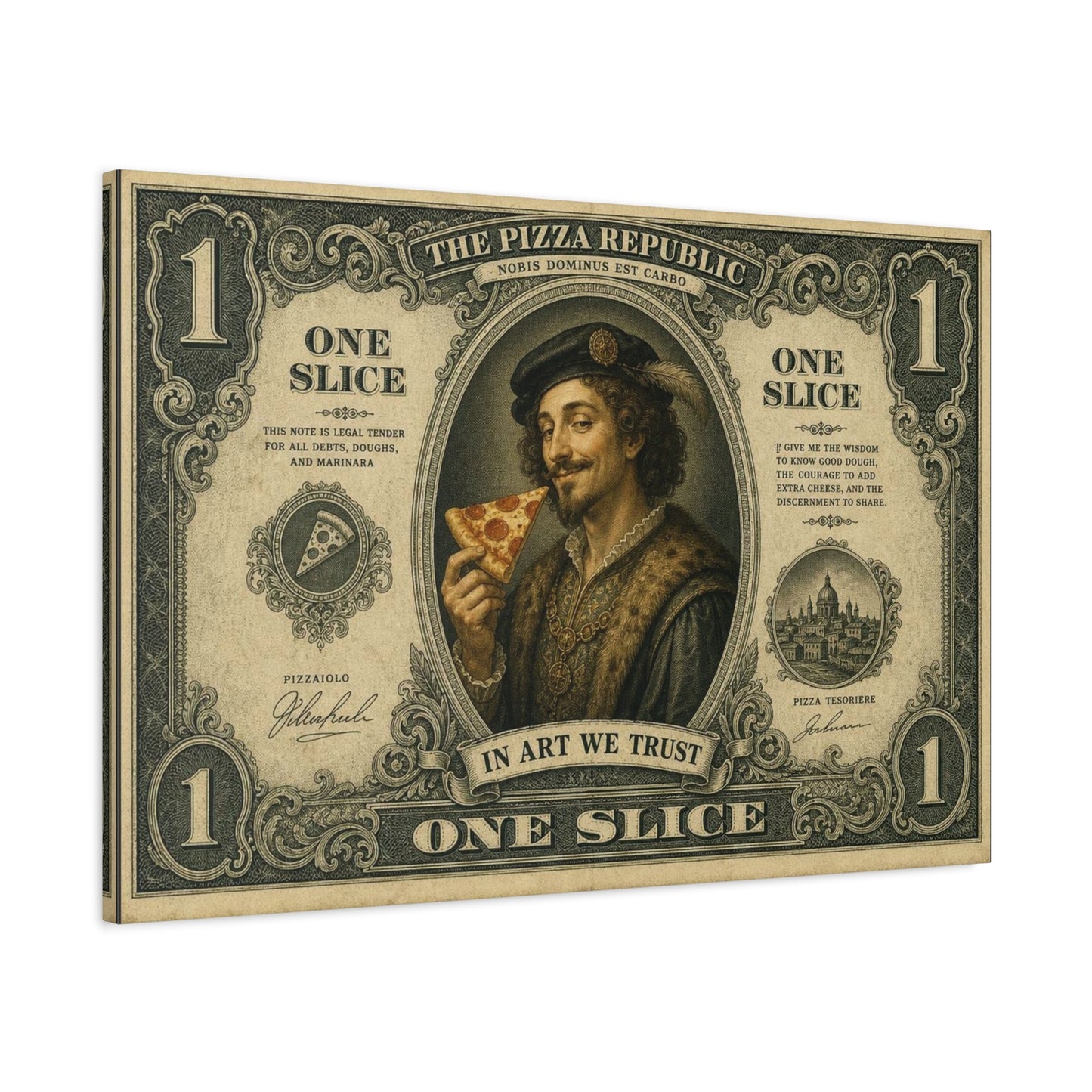 "The Pizza Republic" One Slice Vintage Canvas Wall Art - Renaissance Pizza Portrait, Typography Money Note Design - Matte Cotton Print - Kitchen Decor, Cafe Wall Decor - Bedroom Home Decoration
