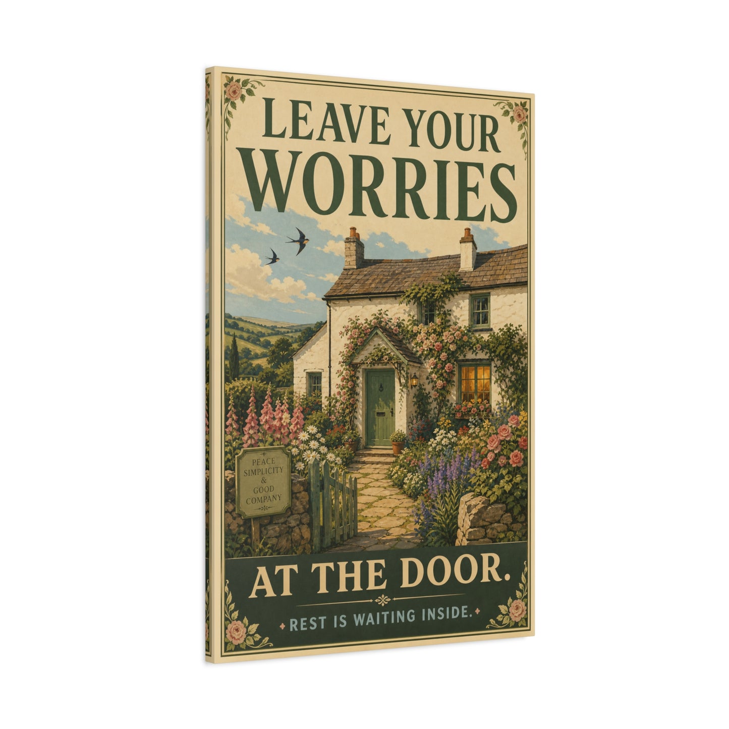"Leave Your Worries At The Door. Rest Is Waiting Inside." Canvas Wall Art - Vintage Cottage Garden Quote Print, Floral Farmhouse Style, Bedroom Home Decoration, Entryway Decor - Living Room Wall Decor
