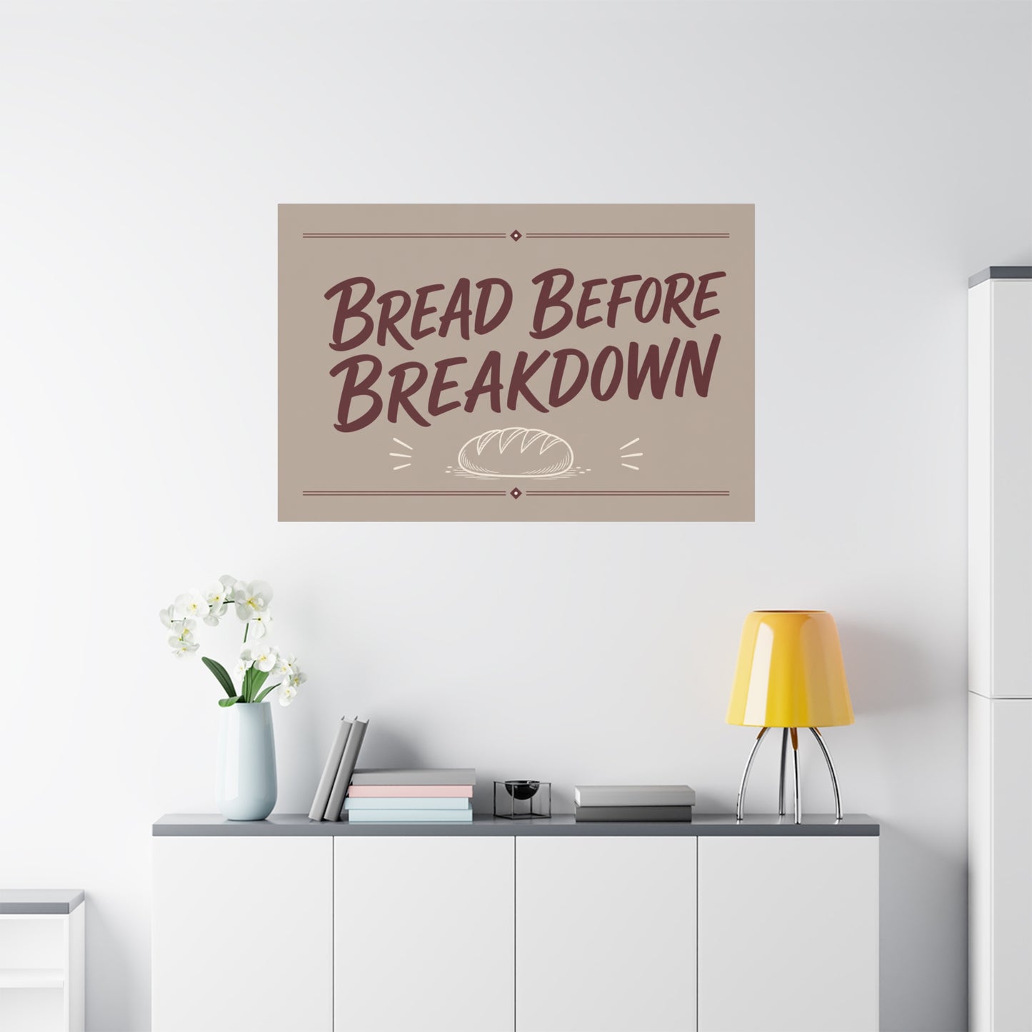 "Bread Before Breakdown" Funny Canvas Wall Art - Bread Loaf Typography Print, Rustic Farmhouse Food Decor - Beige Brown Minimalist Wall Hanging - Ready to Hang - Sandwich Shop Sign - Diner Decor