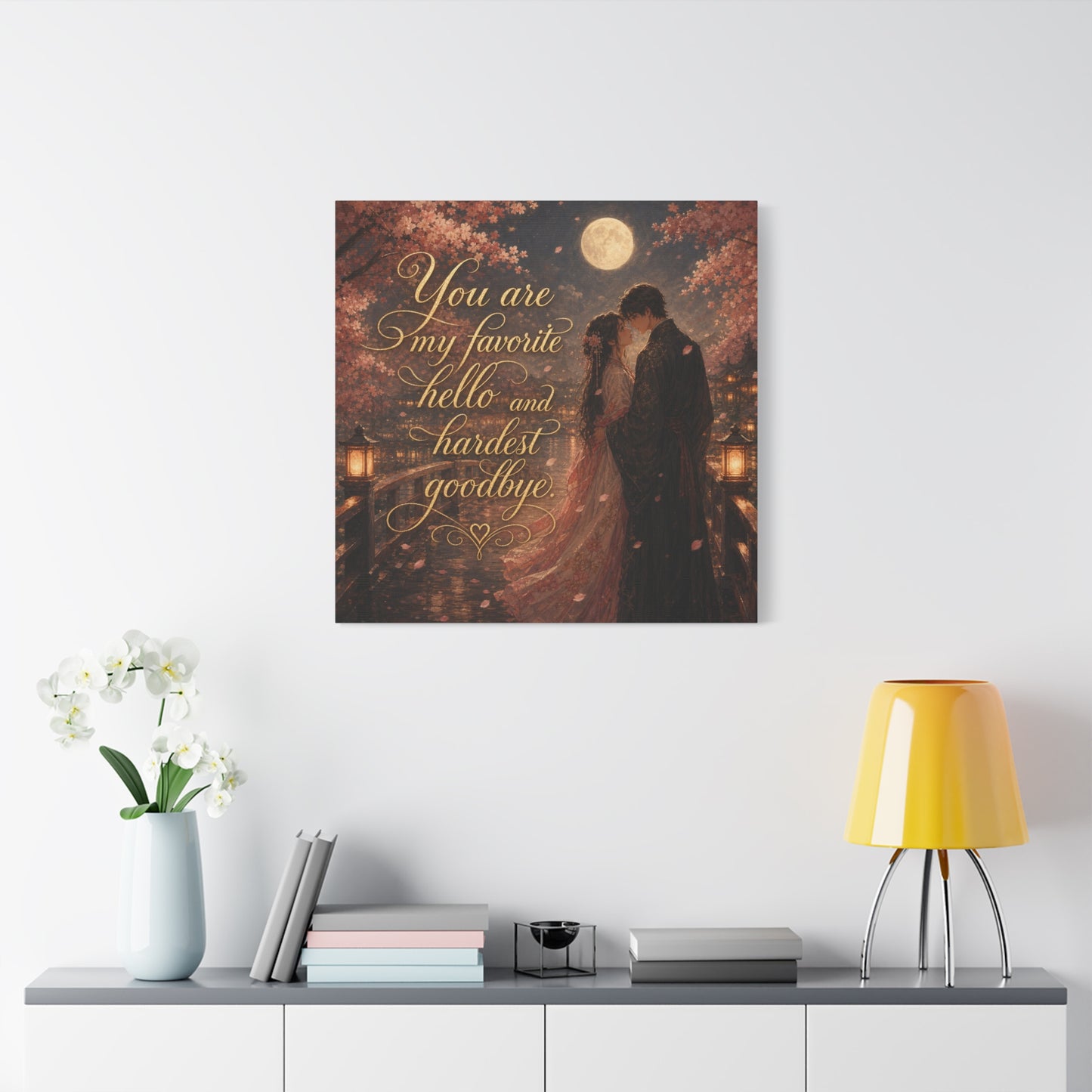 "You Are My Favorite Hello And Hardest Goodbye" Romantic Canvas Wall Art - Moonlit Cherry Blossom Couple, Gold Script Quote Print - Traditional Love Decor, Bedroom Wall Hanging - Cozy Reading Nook Art
