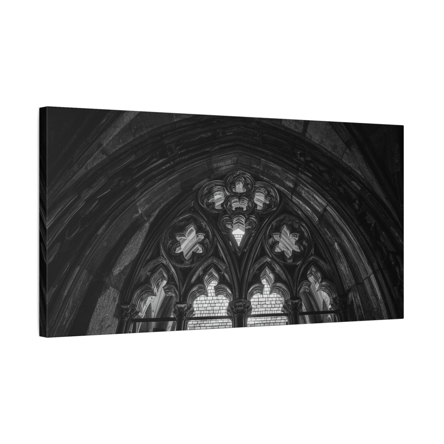 Gothic Cathedral Arch Canvas Wall Art - Black And White Architectural Art Print - Moody Stone Tracery, Matte Finish - Living Room Wall Decor, Office Art Accent - Bedroom Home Decoration