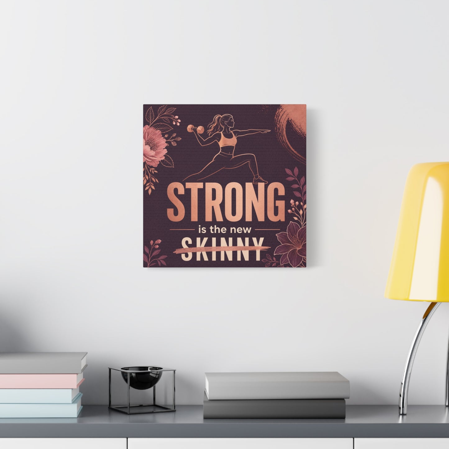 "Strong Is The New Skinny" Fitness Canvas Wall Art - Woman With Dumbbell Floral Quote Print - Rose Gold Motivational Decor - Modern Bedroom Wall Decor - Bedroom Home Decoration - Cozy Reading Nook Art