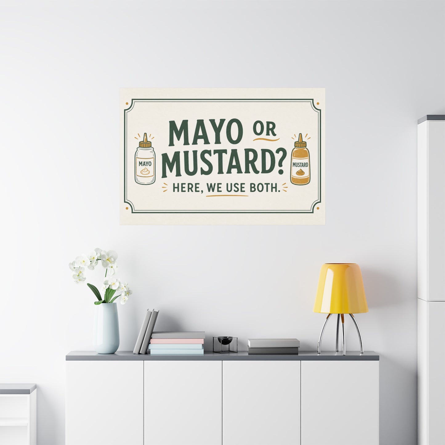 "Mayo Or Mustard Here, We Use Both." Funny Kitchen Canvas Wall Art - Condiment Quote Print, Retro Typography Food Decor, Farmhouse Dining Room Decoration - Living Room Wall Decor - Ready to Hang