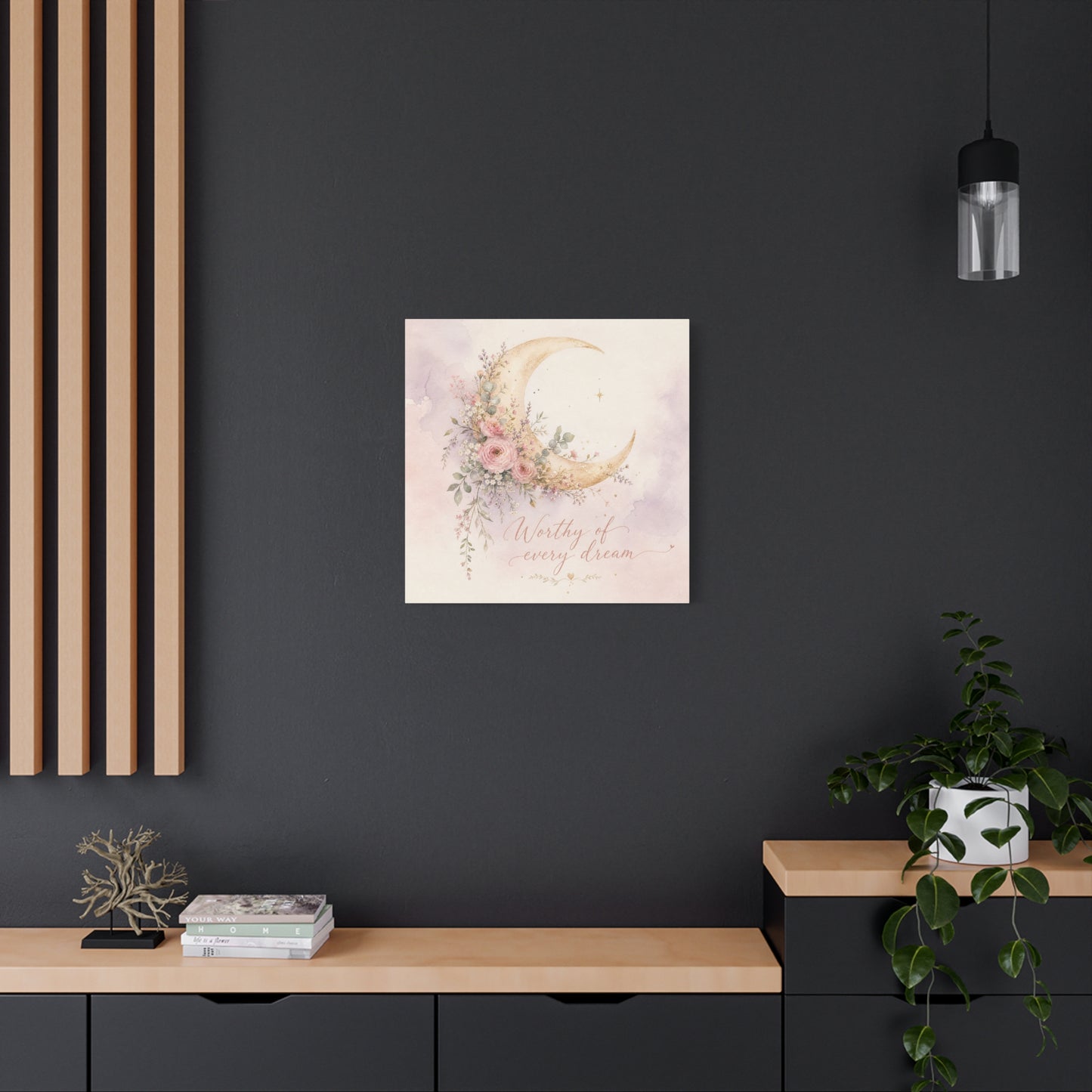 "Worthy Of Every Dream" Moon Canvas Wall Art - Floral Crescent, Inspirational Blush Gold Watercolor - Bohemian Bedroom Wall Decor - Nursery Home Decoration - Bedroom Home Decoration - Ready to Hang