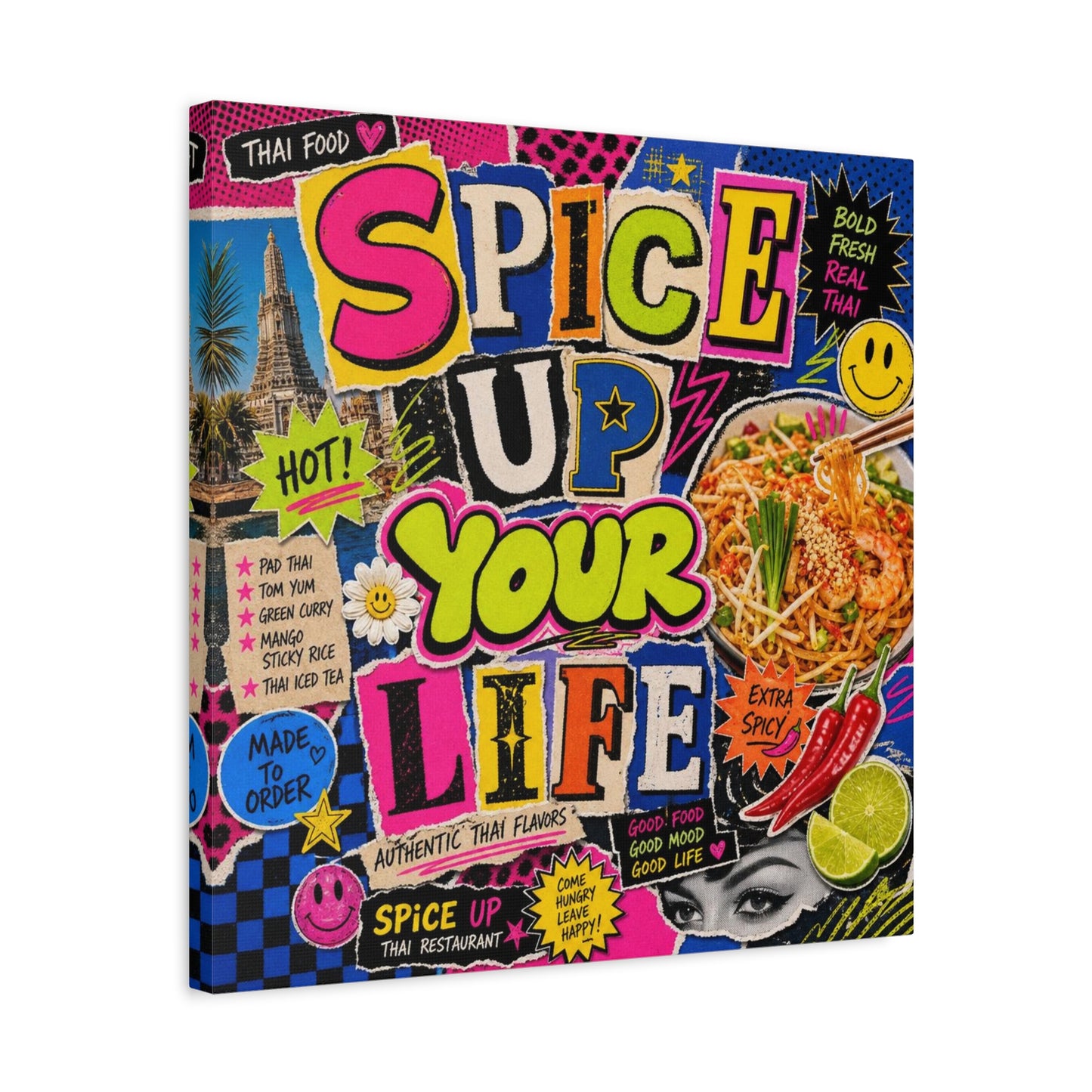 "Spice Up Your Life" Canvas Wall Art - Thai Food Pop Art Collage, Typography Print, Neon Color Street Poster Style, Cafe Decor, Dining Room Accent, Kitchen Wall Hanging, Contemporary - Ready to Hang