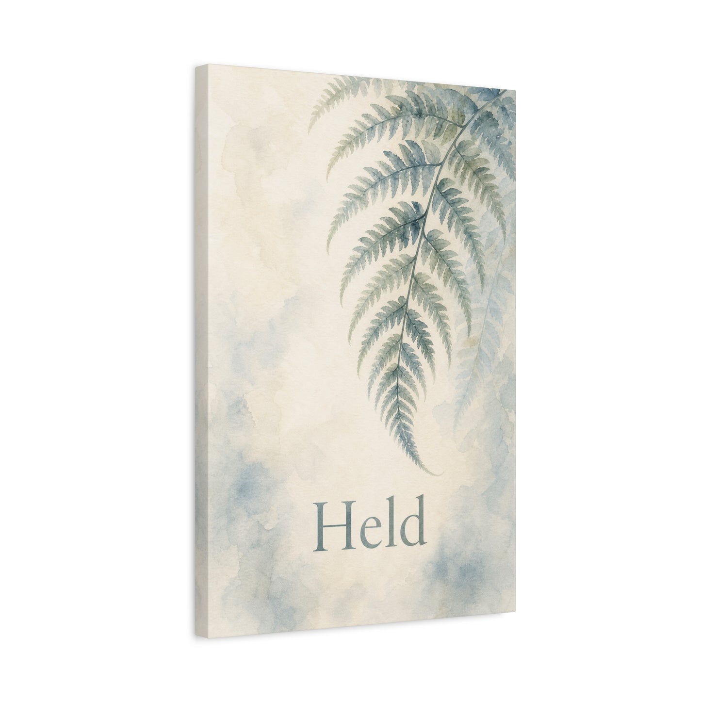 "Held" Fern Botanical Canvas Wall Art - Watercolor Leaf Print, Calming Bedroom Wall Decor, Minimalist Blue Green Nature Home Decoration, Meditation Space Accent - Ready to Hang - Cozy Reading Nook Art