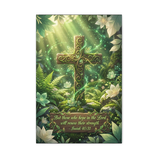 "But Those Who Hope In The Lord Will Renew Their Strength - Isaiah 40:31" Cross Canvas Wall Art - Woodland Scripture Decor, Christian Wall Hanging, Bedroom Living Room Accent - Bedroom Home Decoration