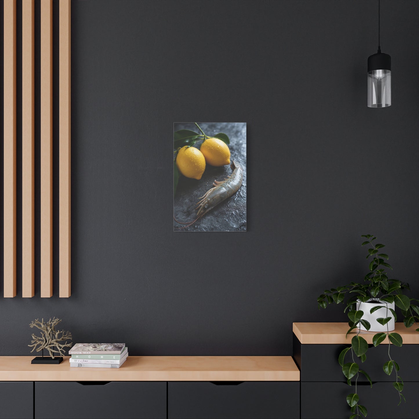 Lemon And Shrimp Canvas Wall Art - Still Life Food Art Print, Moody Kitchen Decor - Matte Cotton Art Print - Contemporary Dining Room Accent, Coastal Restaurant Wall Decor - Bedroom Home Decoration