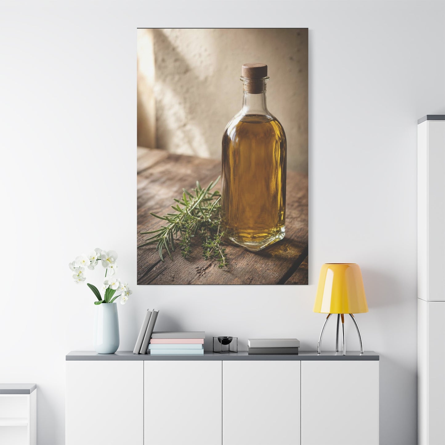 Olive Oil Bottle Canvas Wall Art - Rustic Kitchen Still Life, Rosemary Herb Art Print - Warm Neutral Farmhouse Style - Dining Room Wall Decor, Pantry Home Accent - Bedroom Home Decoration