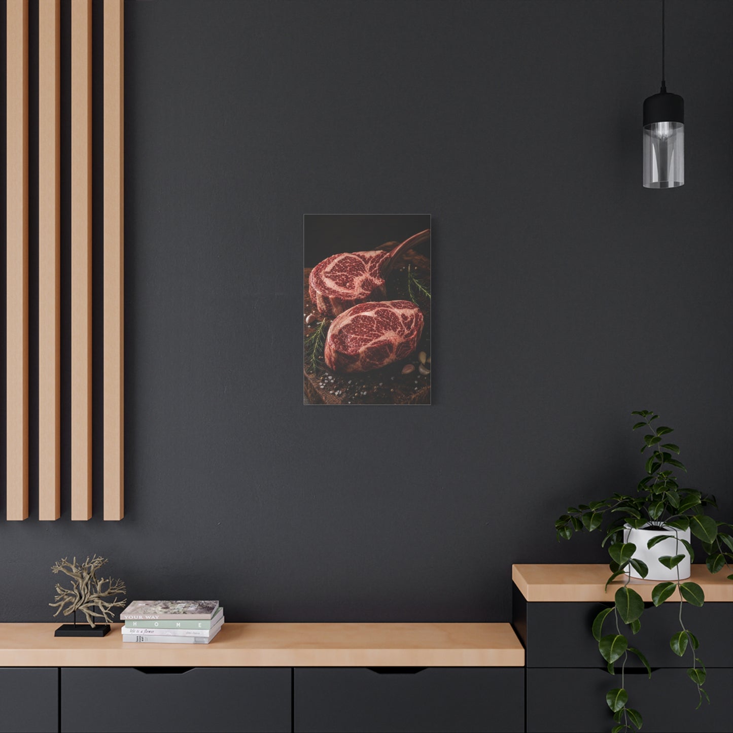 Raw Ribeye Steak Canvas Wall Art - Rustic Food Art Print, Butcherhouse Kitchen Decor, Cotton Art Print, Moody Culinary Still Life - Dining Room Accent, Restaurant Wall Decor - Modern Farmhouse Style