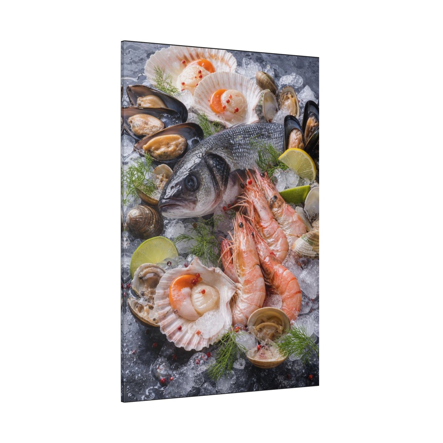 Seafood Still Life Canvas Wall Art - Fish, Shrimp, Scallops On Ice Food Print - Coastal Kitchen Decor, Dining Room Wall Decor, Contemporary Home Decoration, Matte Canvas Print - Modern Farmhouse Style