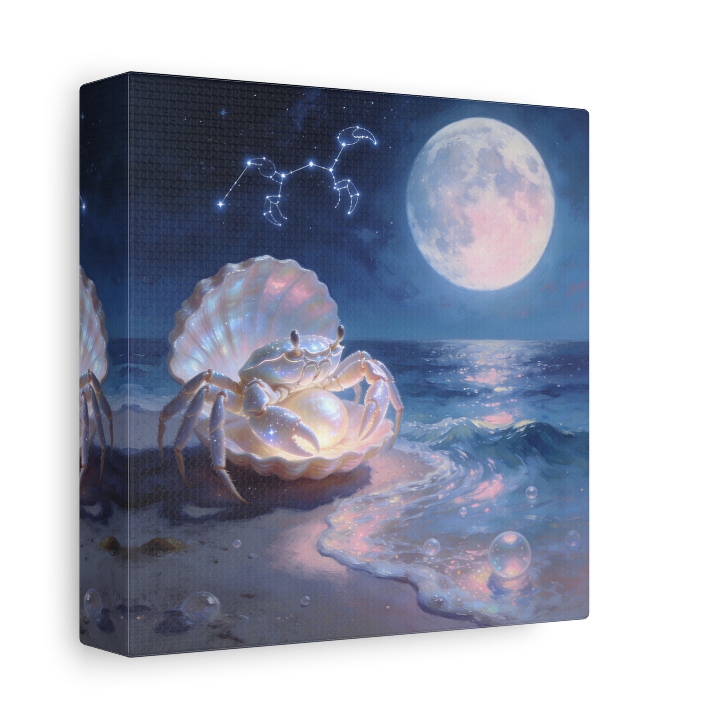 Moonlit Crab Canvas Wall Art - Zodiac Cancer Seascape, Pearl Shell Ocean Night Decor - Dreamy Coastal Illustration, capiz shells wall decor, Bedroom Home Decoration - Bedroom Home Decoration