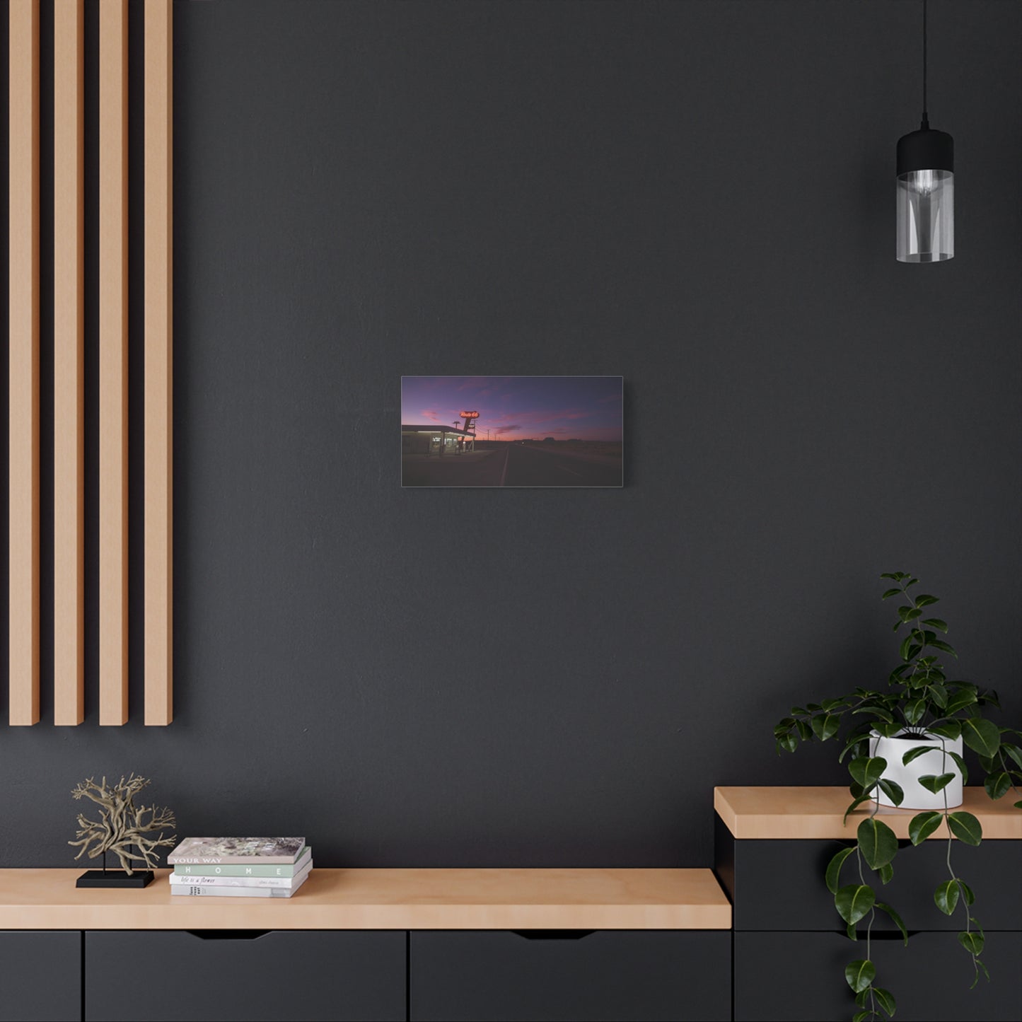 "Route 66" Desert Gas Station Canvas Wall Art - Twilight Roadside Art Print - Purple Pink Sunset Sky, Retro Americana Style - Living Room Wall Decor, Office Art - Bedroom Home Decoration