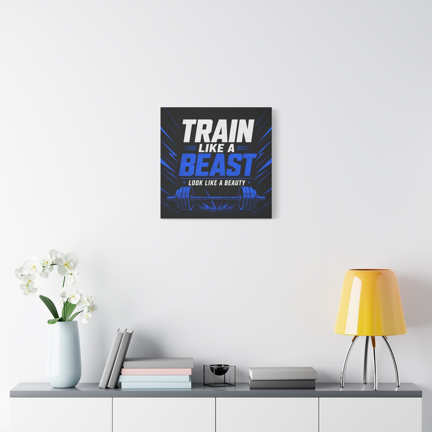 "Train Like A Beast Look Like A Beauty" Gym Canvas Wall Art - Blue Black Barbell Typography Motivational Fitness Decor - Modern Sports Quote Print - Ready to Hang - Living Room Wall Decor