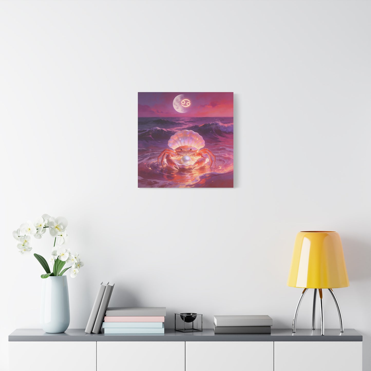 Cancer Zodiac Crab Canvas Wall Art - Moonlit Ocean Pearl Illustration, Pink Purple Seascape - Surreal Coastal Style - Living Room Wall Decor, Bedroom Home Decoration - Bedroom Home Decoration