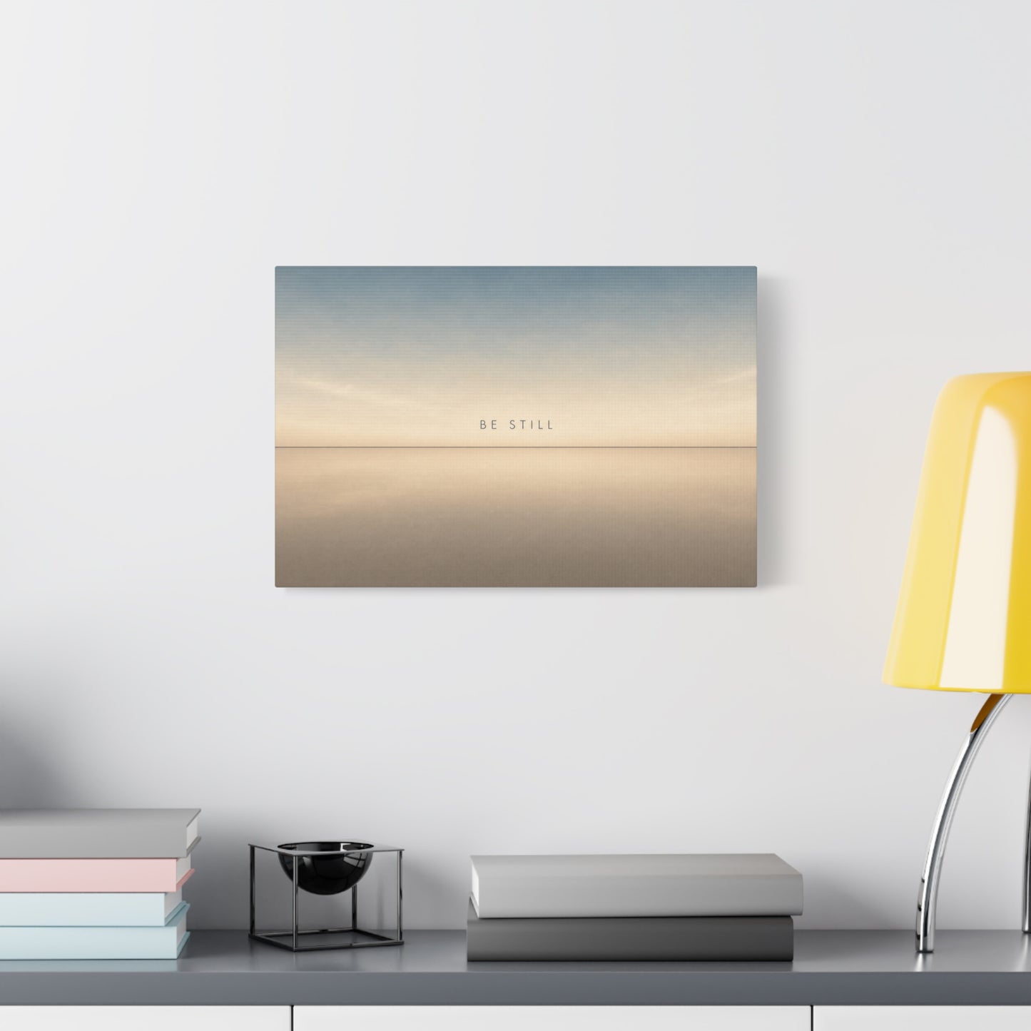 "Be Still" Minimalist Canvas Wall Art - Serene Horizon Typography Print, Neutral Blue Beige Coastal Style - Bedroom Wall Decor, Meditation Space Home Decoration - Ready to Hang - Cozy Reading Nook Art
