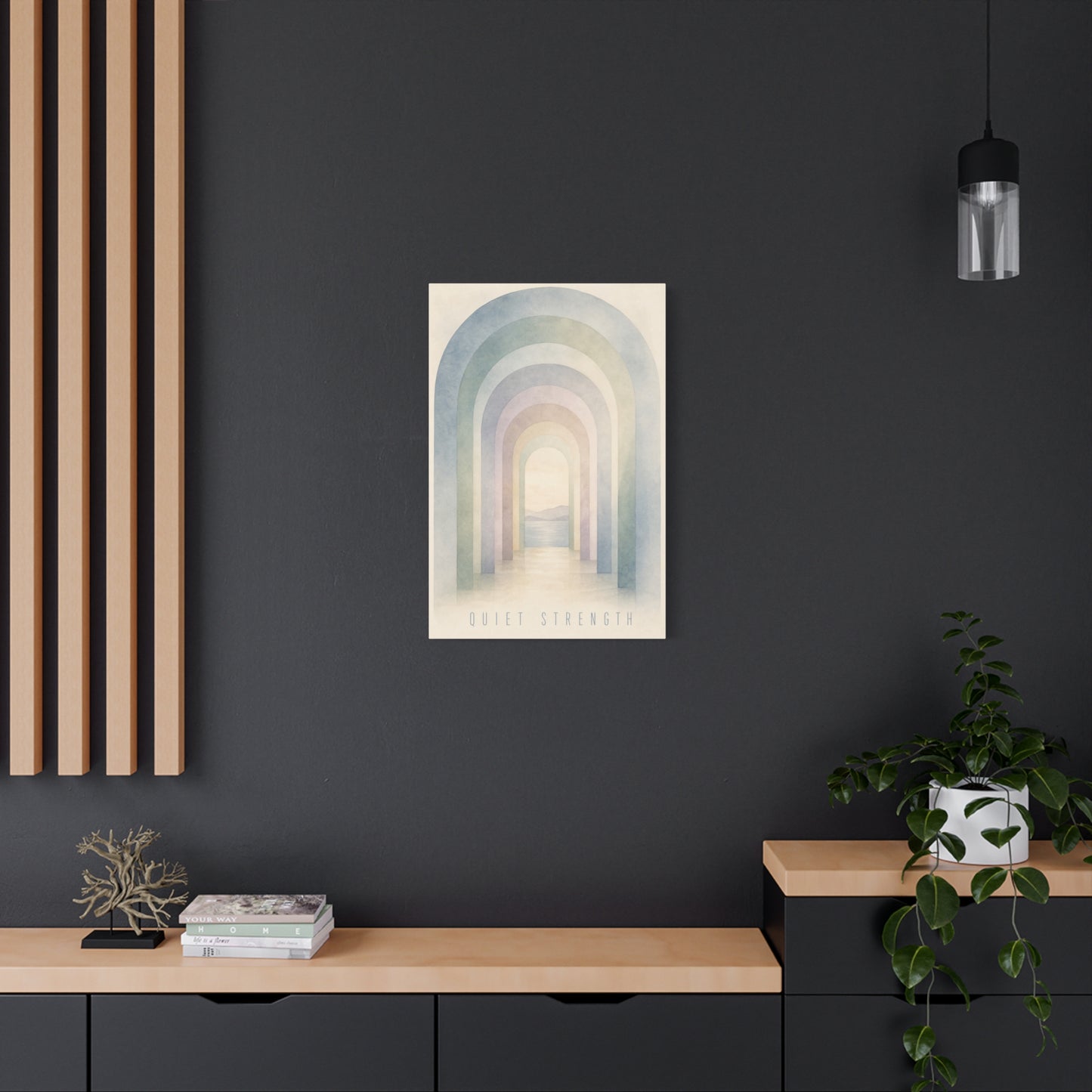 "Quiet Strength" Rainbow Arch Canvas Wall Art - Pastel Abstract Landscape Print, Minimalist Boho Home Decor - Serene Bedroom Wall Hanging, Nursery Room Decoration, Meditation Space - Ready to Hang