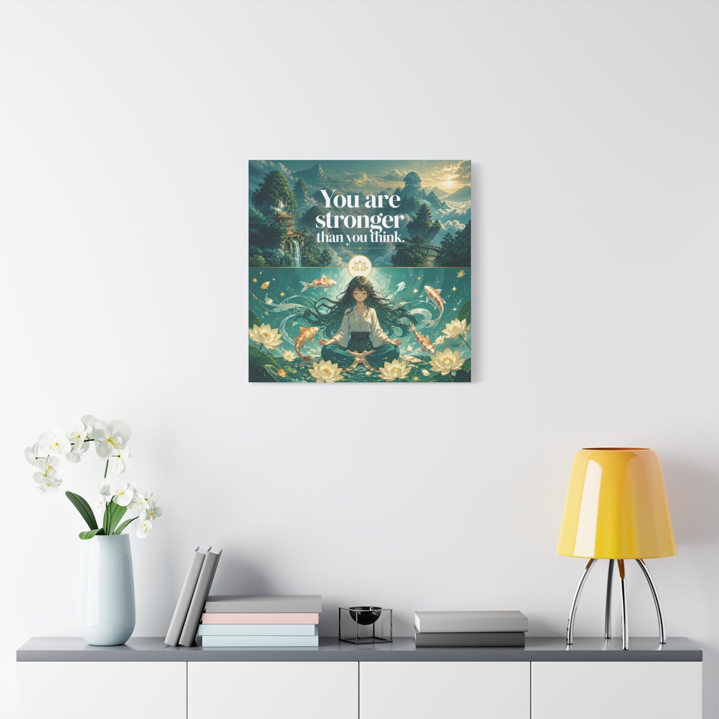 "You Are Stronger Than You Think." Inspirational Canvas Wall Art - Meditating Girl, Koi Fish, Lotus Lake - Zen Fantasy Landscape - Bedroom Wall Decor, Meditation Space, Jellyfish Room Decor