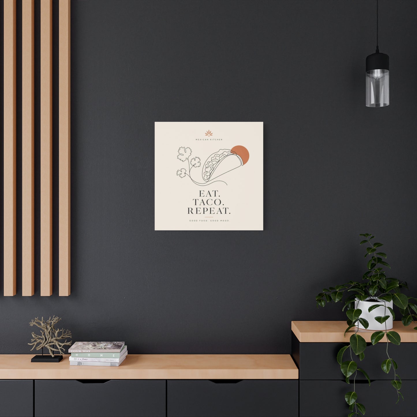 "Eat. Taco. Repeat." Mexican Kitchen Canvas Wall Art - Minimalist Taco Line Illustration, Terracotta Sun, Typography Print - Modern Kitchen Decor, Cafe Wall Decor, Dining Room Accent - Ready to Hang