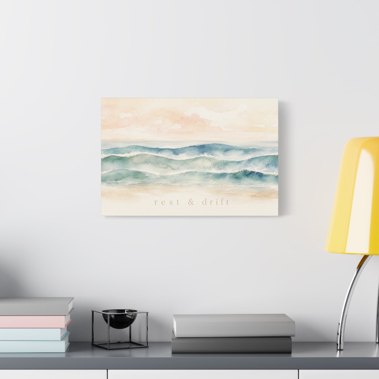 "Rest & Drift" Coastal Ocean Waves Canvas Wall Art - Watercolor Seascape Beach Decor - Serene Pastel Blue And Peach - Bedroom Home Decoration, Living Room Accent, Jellyfish Room Decor - Ready to Hang