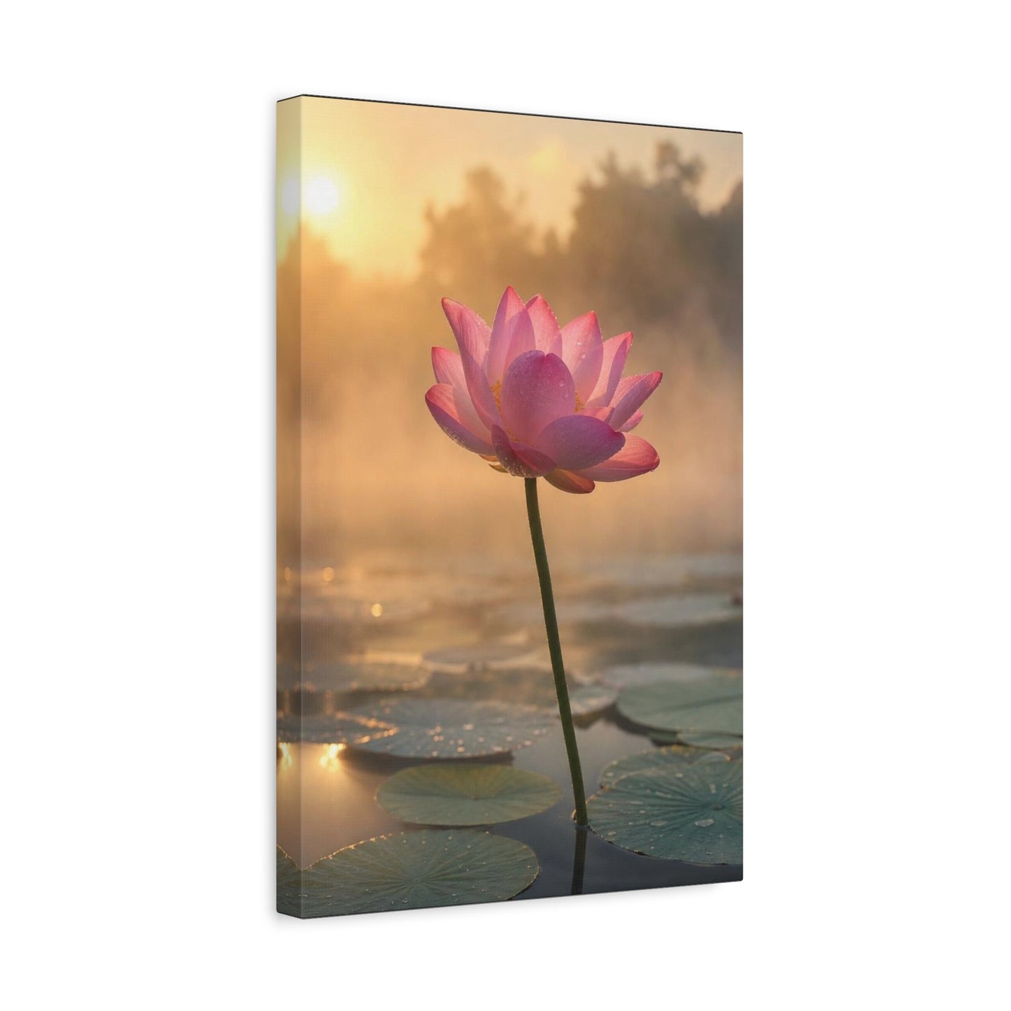 Pink Lotus Canvas Wall Art - Serene Water Lily Sunrise Floral Print - Soft Golden Light, Matte Canvas Print - Bedroom Wall Decor, Bathroom Home Decoration, Zen Meditation Space - Cozy Reading Nook Art