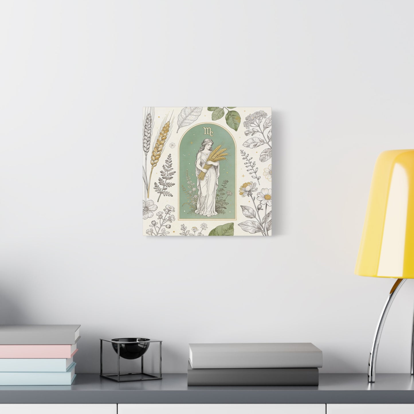 Virgo Zodiac Canvas Wall Art - Botanical Maiden Holding Wheat, Celestial Illustration - Sage Green Gold Cotton Print - Vintage Astrology Decor, Bedroom Wall Hanging Accent - Bedroom Home Decoration