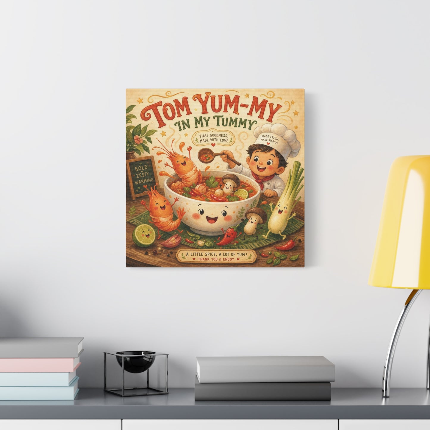 "Tom Yum-My In My Tummy" Canvas Wall Art - Cute Thai Soup Chef Illustration, Whimsical Kitchen Decor - Matte Cotton Canvas Print - Vintage Style Dining Room Wall Decor - Bedroom Home Decoration