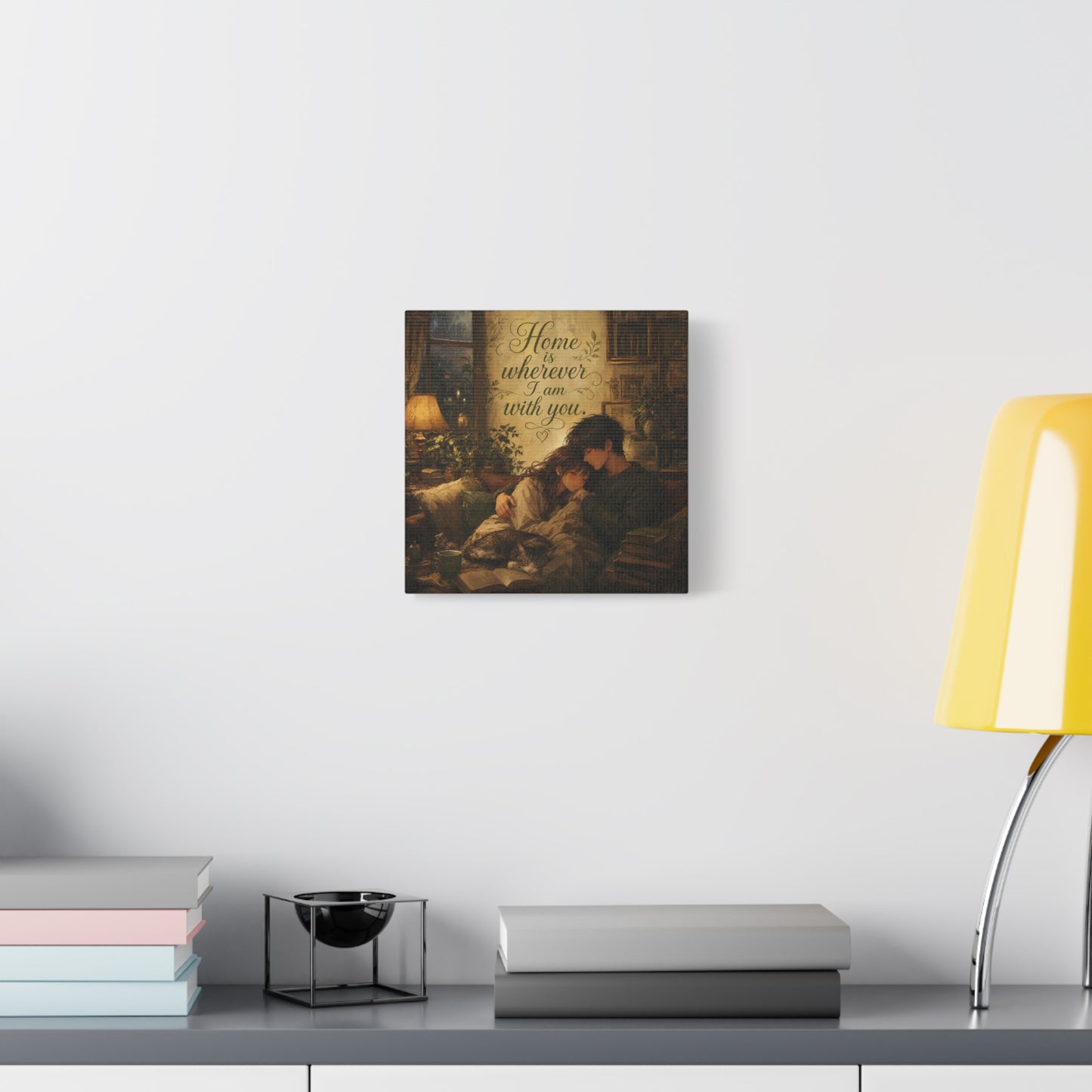 "Home Is Wherever I Am With You." Couple Canvas Wall Art - Romantic Cozy Reading Nook Quote Print - Vintage Warm Lamplight Style - Living Room Wall Decor, Bedroom Home Decoration - Ready to Hang
