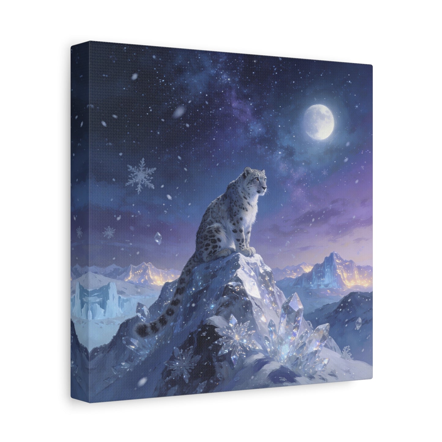 Snow Leopard Canvas Wall Art - Moonlit Arctic Crystal Landscape, Fantasy Wildlife Print - Matte Cotton Canvas - Contemporary Winter Style - Living Room Wall Decor Bedroom Home Decoration