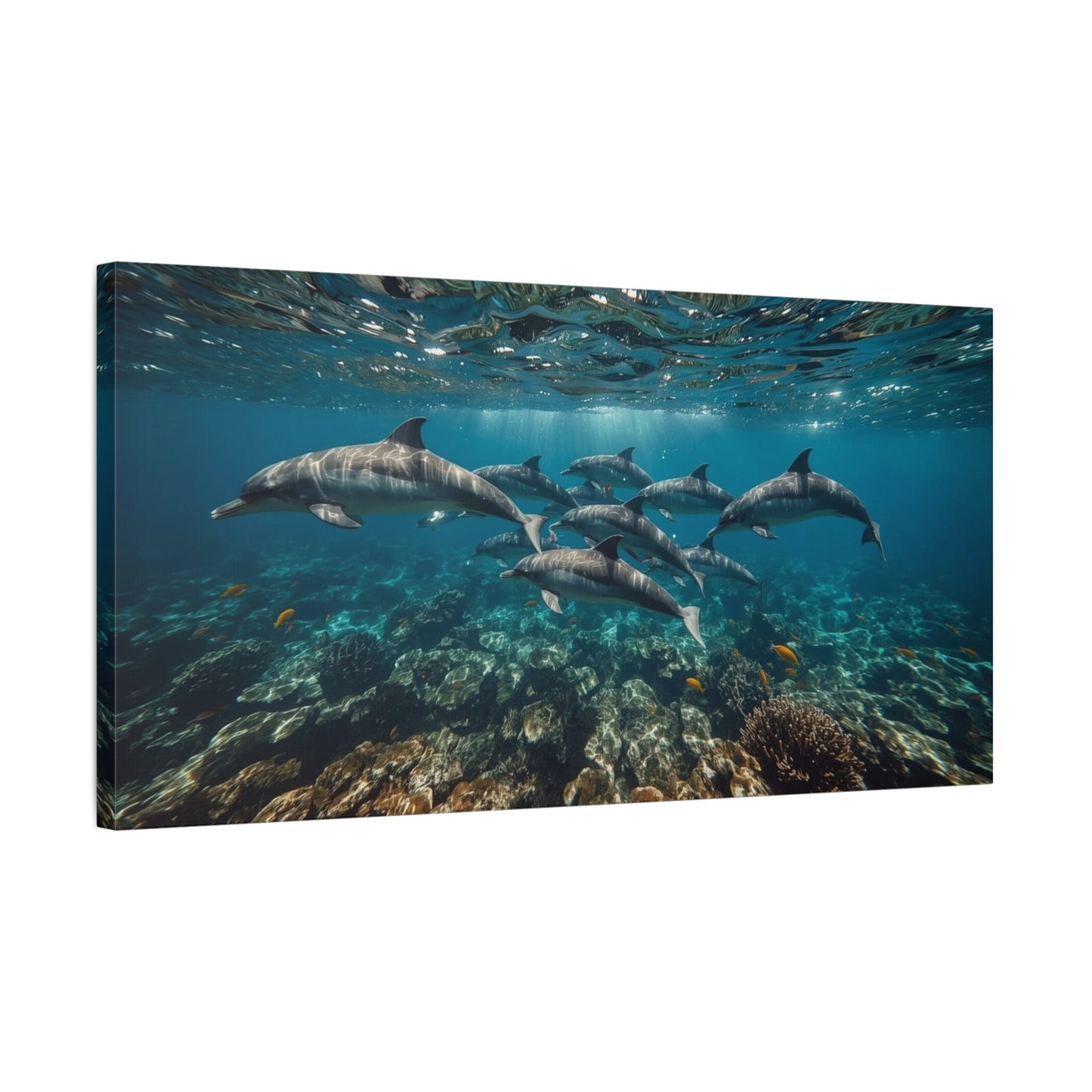 Dolphin School Canvas Wall Art - Underwater Ocean Art Print, Blue Coastal Decor - Matte Canvas Print, Contemporary Seascape Style - Living Room Wall Decor, Bedroom Home Decoration - Ready to Hang
