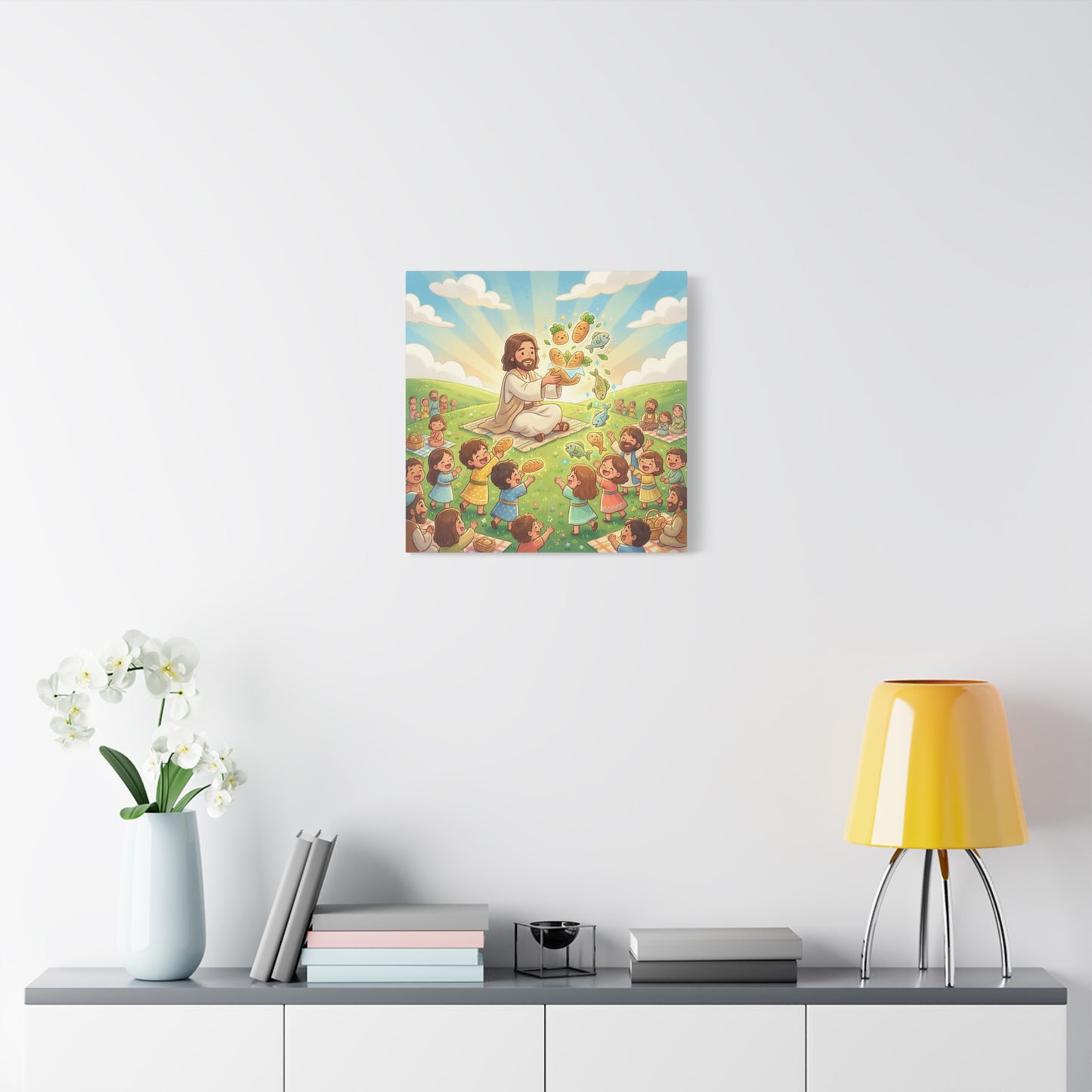 Jesus Feeding Multitude Canvas Wall Art - Loaves And Fish Bible Scene, Christian Nursery Decor - Matte Cotton Print, Kids Room Wall Decor, Sunday School Classroom - Bedroom Home Decoration