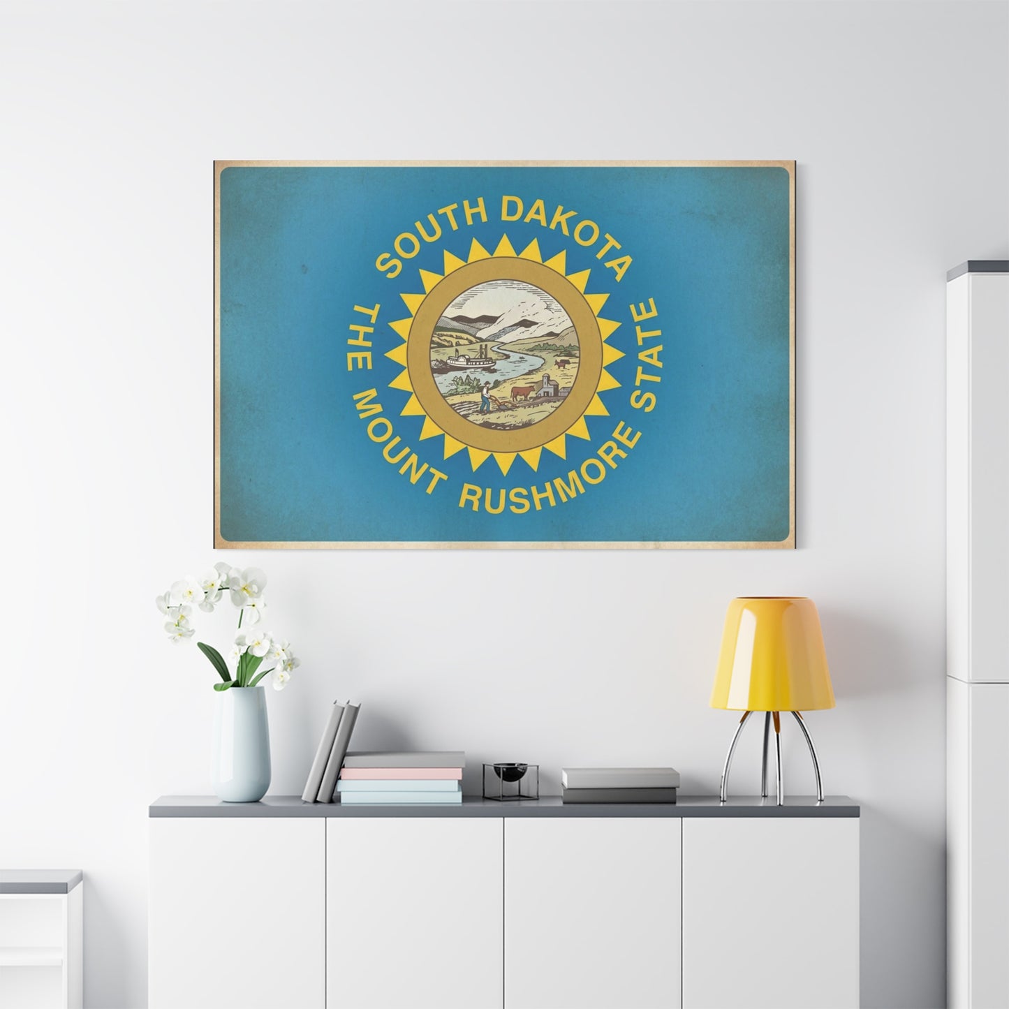 "South Dakota The Mount Rushmore State" Flag Canvas Wall Art - Vintage State Pride Decor, Blue Banner Print, Rustic Americana Style, Living Room Wall Decor, Office Art - Bedroom Home Decoration