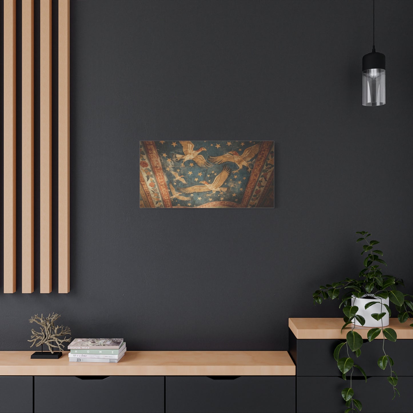 Ancient Eagle Ceiling Fresco Canvas Wall Art - Starry Bird Mural Print, Classical Blue And Gold Illustration - Vintage Traditional Style - Living Room Wall Decor Office Art - Bedroom Home Decoration