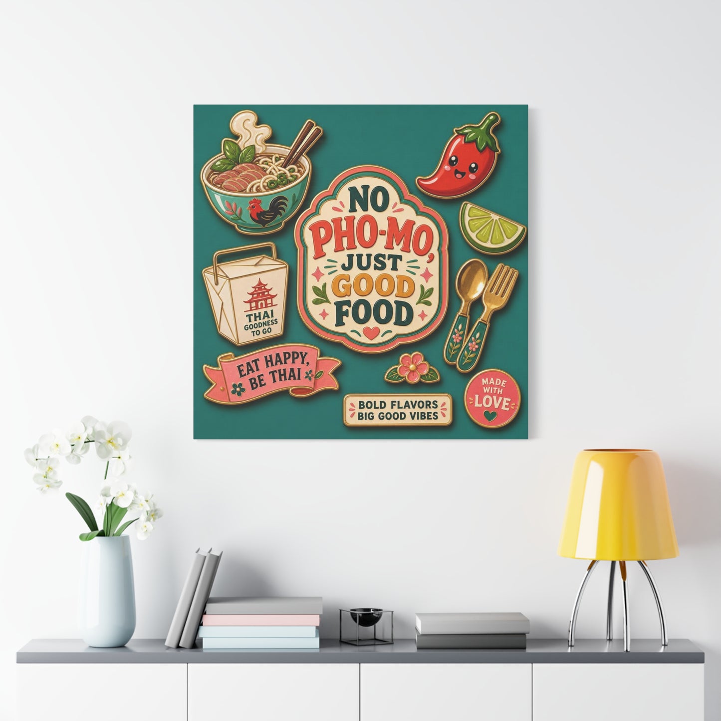 "No Pho-Mo Just Good Food" Canvas Wall Art - Thai Food Quote Kitchen Decor - Colorful Illustration Print, Retro Typography Style - Dining Room Accent, Cafe Wall Decor - Bedroom Home Decoration