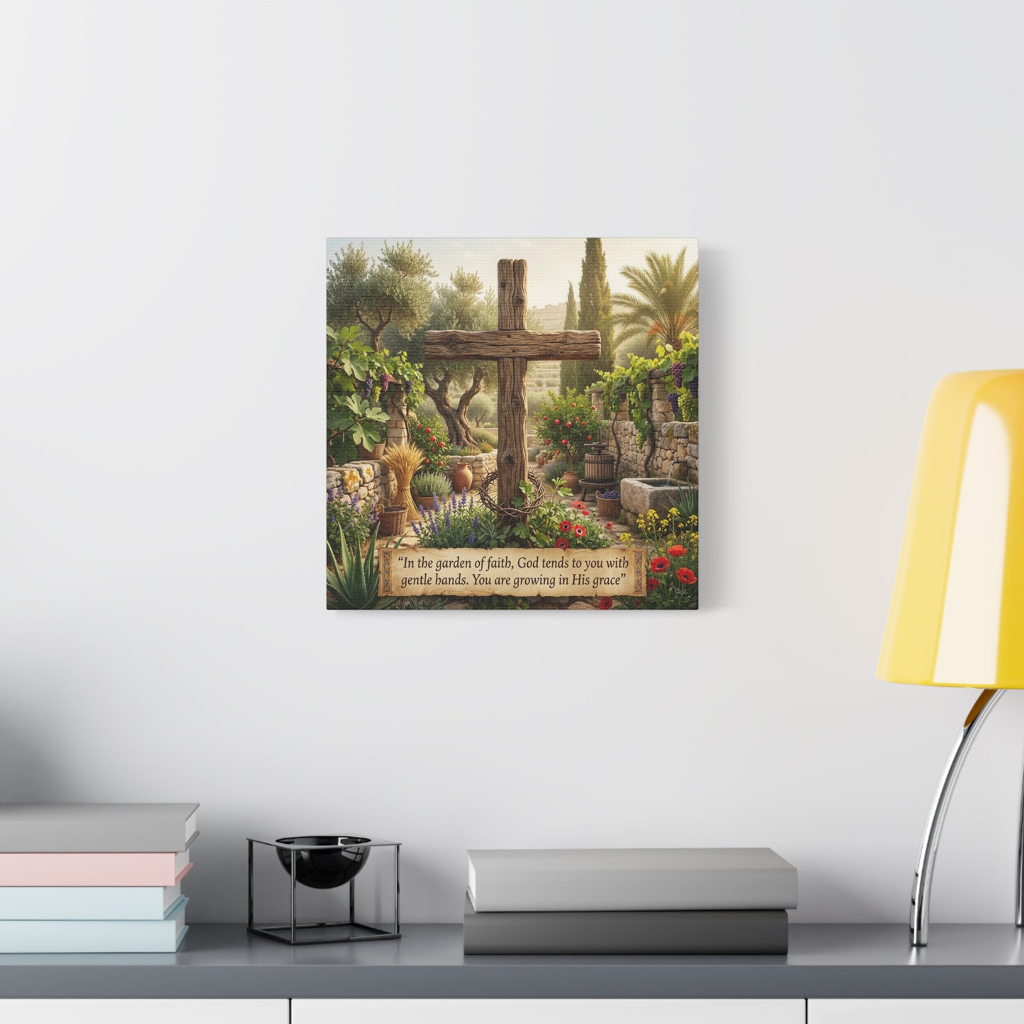 "In The Garden Of Faith, God Tends To You With Gentle Hands. You Are Growing In His Grace" Canvas Wall Art - Rustic Wooden Cross, Christian Garden Scene - Living Room Wall Decor - Ready to Hang