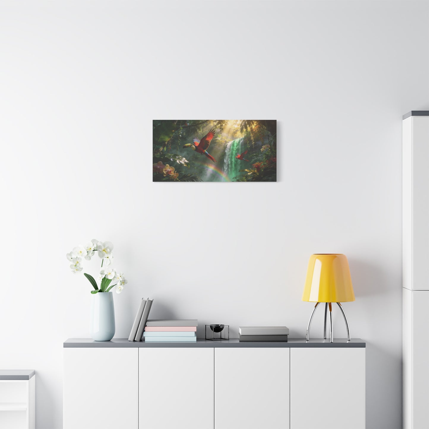 Scarlet Macaw Canvas Wall Art - Tropical Rainforest Waterfall Birds, Lush Jungle Scene, Matte Finish Canvas Print, Contemporary Nature Wall Decor For Living Room Bedroom Office - Cozy Reading Nook Art