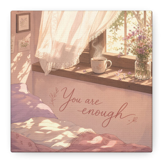 "You Are Enough" Inspirational Canvas Wall Art - Sunlit Bedroom Window Flowers, Cozy Pink Cottagecore Decor - Matte Affirmation Print - Bedroom Home Decoration, Teen Room Accent - Office Wall Art