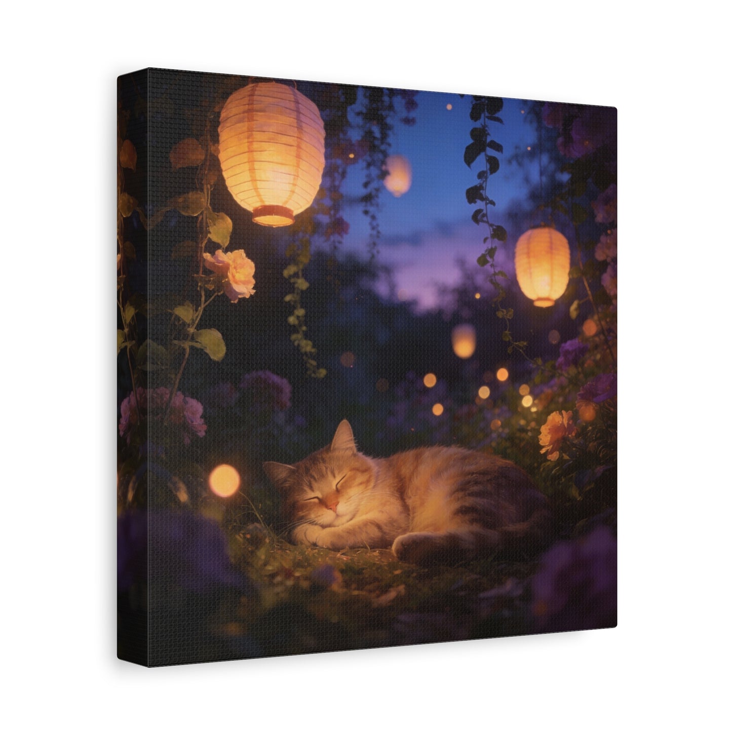 Sleeping Cat Canvas Wall Art - Lantern Lit Garden Night Scene, Dreamy Floral Canvas Print - Calming Cottagecore Style, Bedroom Wall Decor, Living Room Home Decoration - Bedroom Home Decoration