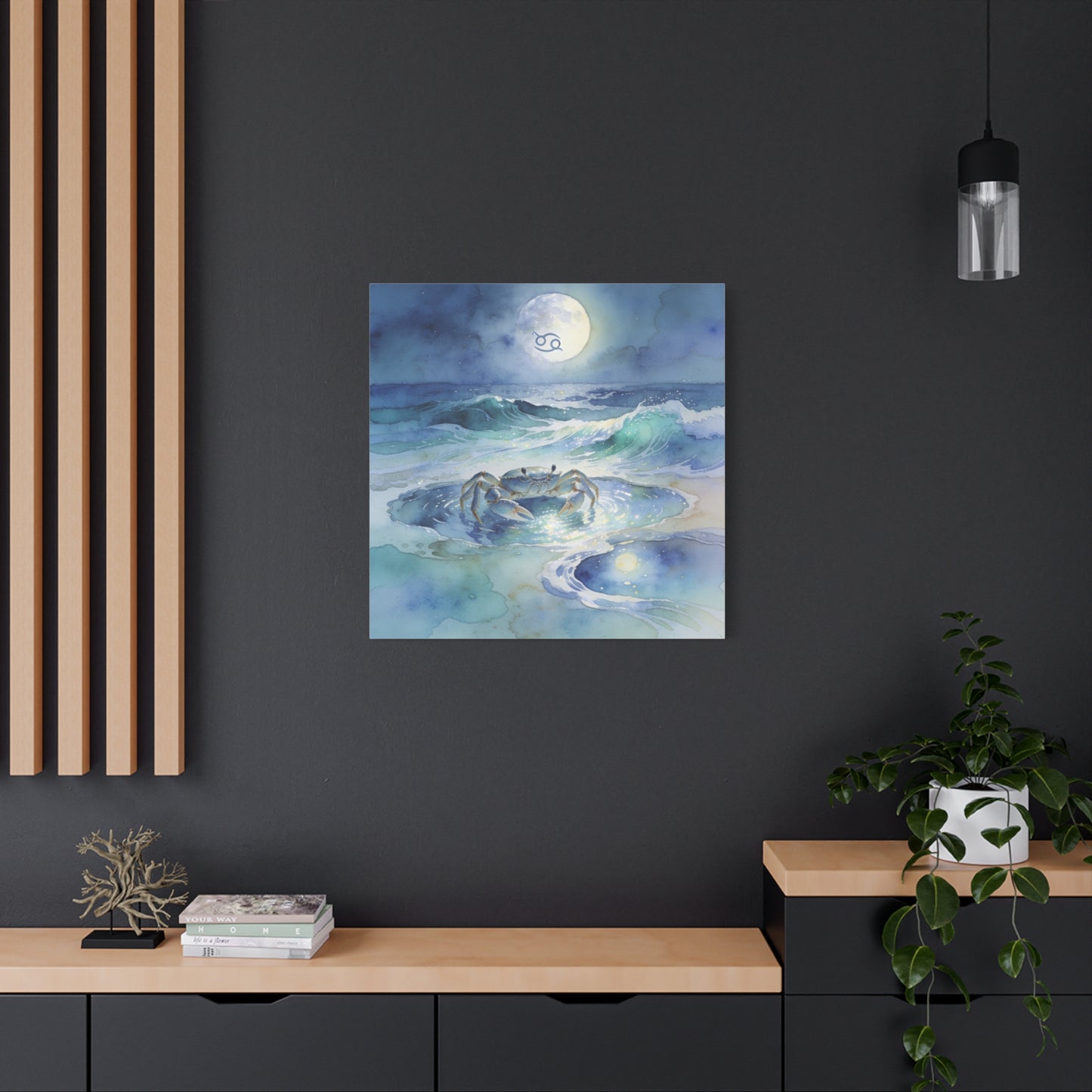 Cancer Zodiac Canvas Wall Art - Moonlit Ocean Crab Watercolor Print, Coastal Astrology Decor - Serene Blue Seascape - Bedroom Wall Decor, Meditation Space Accent, Bohemian Style - Ready to Hang