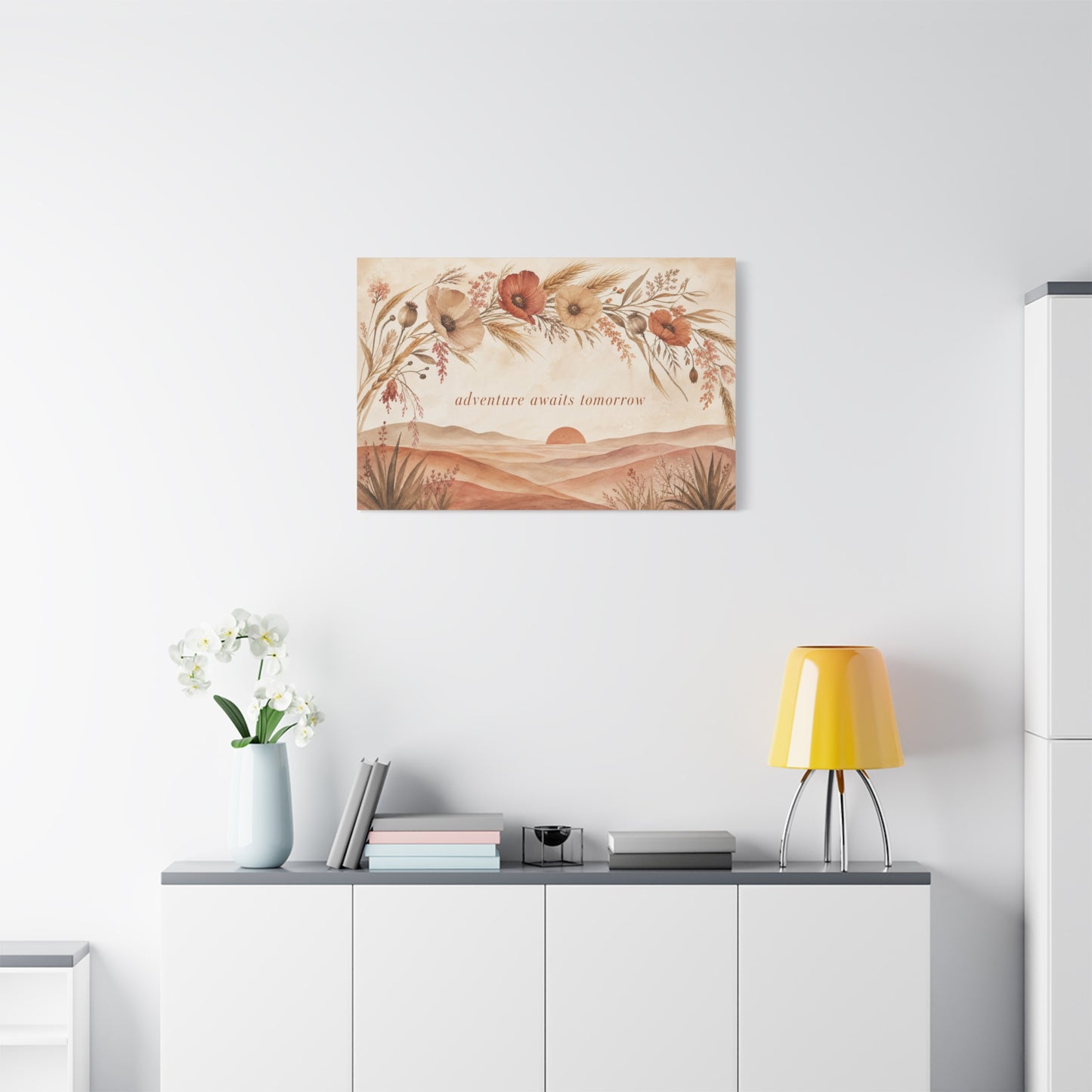 "Adventure Awaits Tomorrow" Poppy Flower Canvas Wall Art - Boho Botanical Desert Sunset Quote Print - Warm Neutral Watercolor Landscape - Bedroom Wall Decor, Living Room Home Accent - Ready to Hang