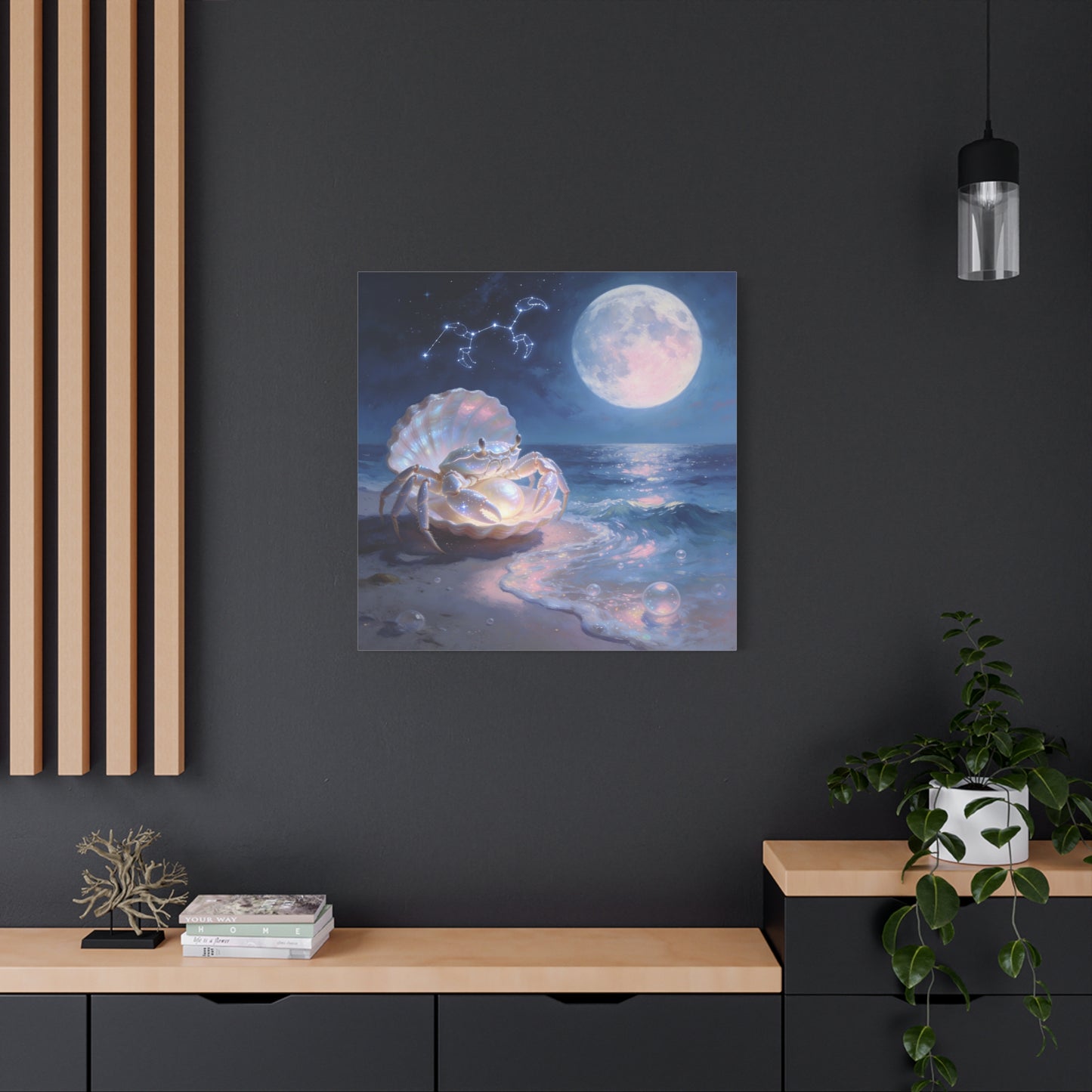 Moonlit Crab Canvas Wall Art - Zodiac Cancer Seascape, Pearl Shell Ocean Night Decor - Dreamy Coastal Illustration, capiz shells wall decor, Bedroom Home Decoration - Bedroom Home Decoration
