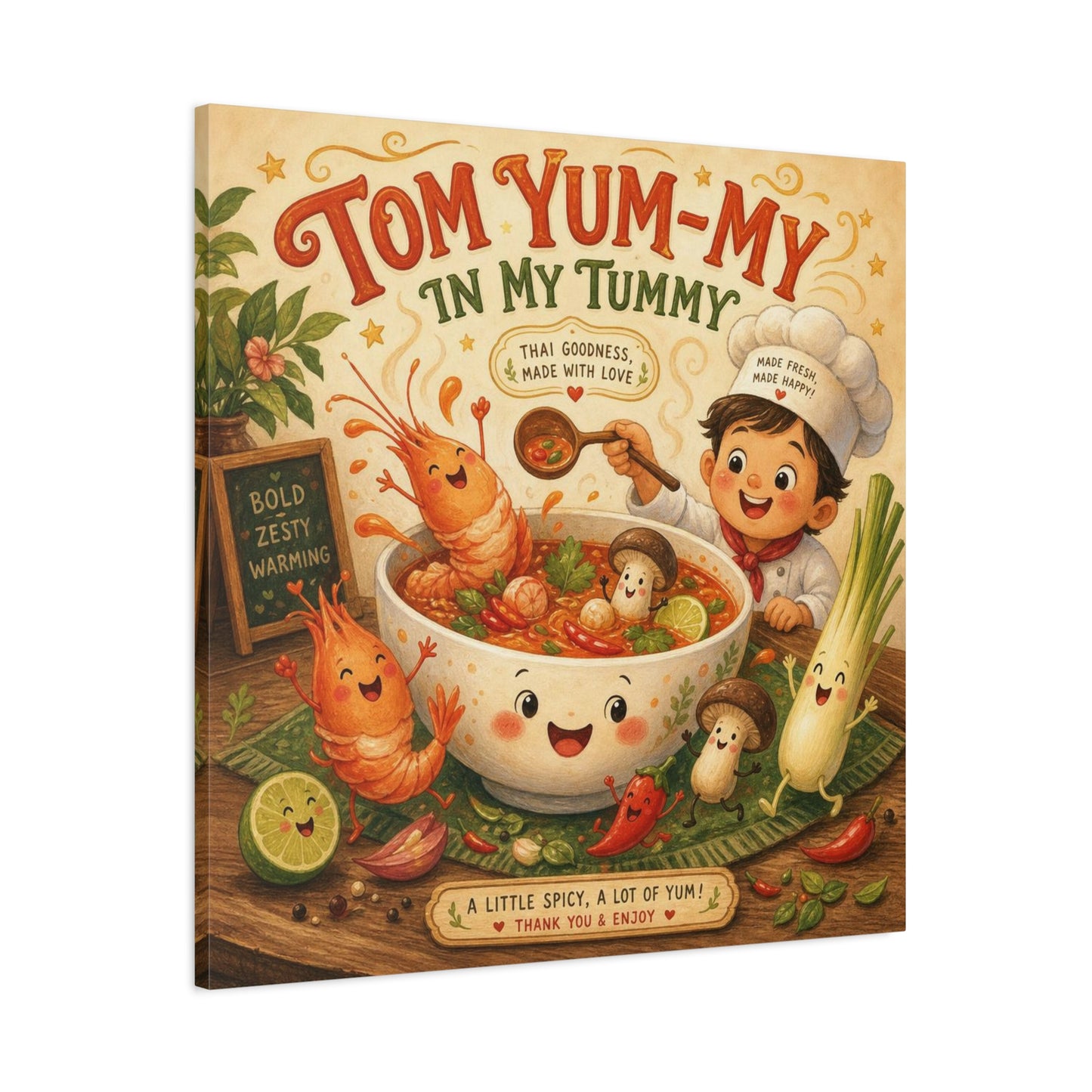 "Tom Yum-My In My Tummy" Canvas Wall Art - Cute Thai Soup Chef Illustration, Whimsical Kitchen Decor - Matte Cotton Canvas Print - Vintage Style Dining Room Wall Decor - Bedroom Home Decoration