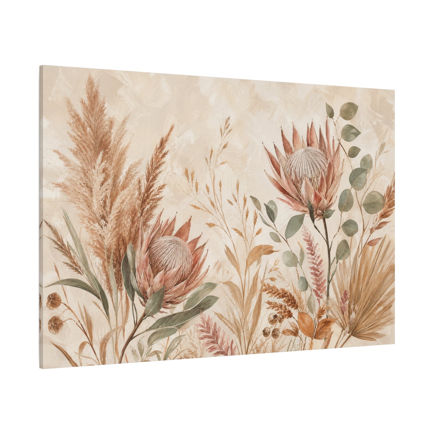 Protea Botanical Canvas Wall Art - Pampas Grass, Eucalyptus Floral Print - Neutral Boho Farmhouse Decor - Beige Sage Nature Painting - Ready to Hang