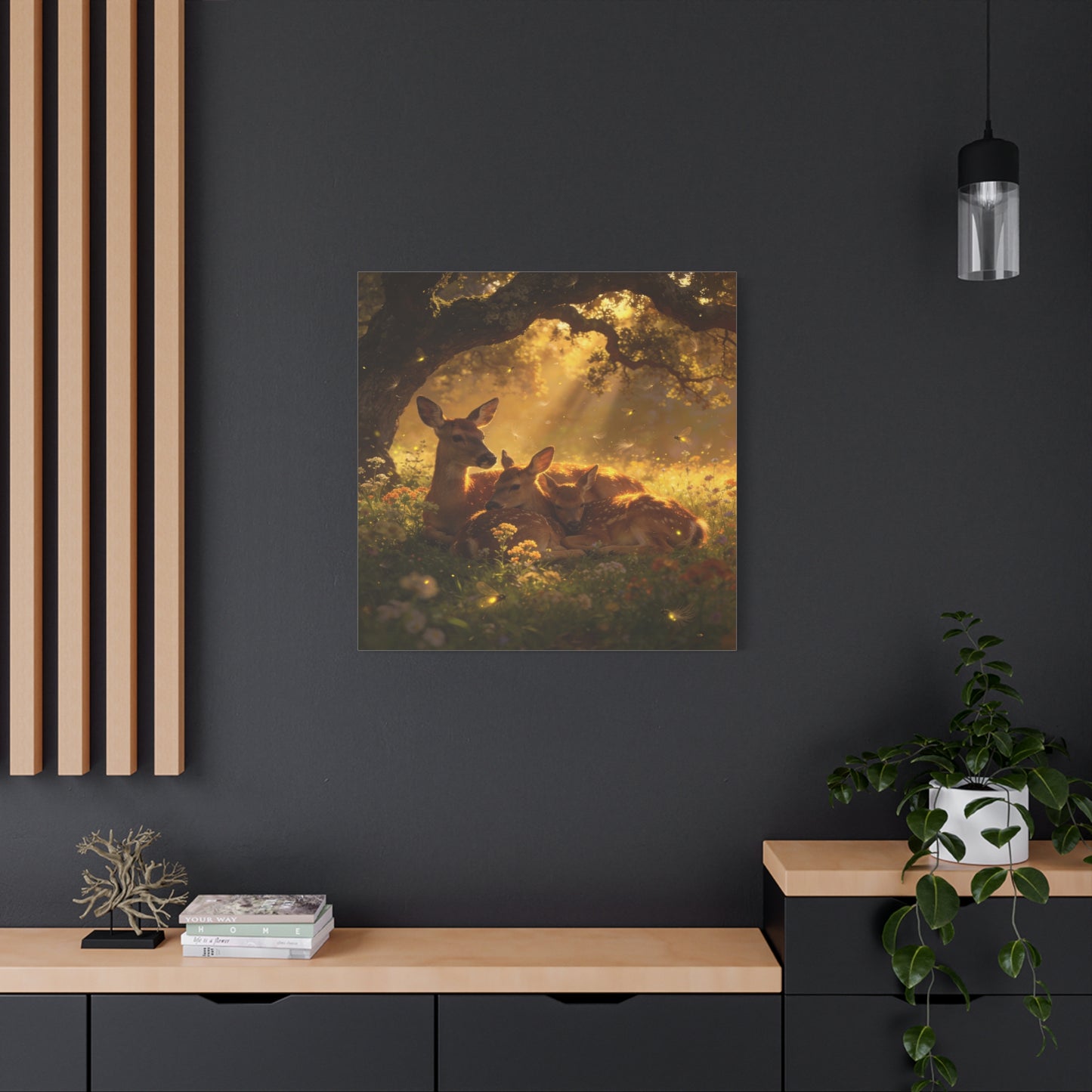 Doe And Fawns Canvas Wall Art - Woodland Deer Family In Golden Light, Whimsical Nature Scene - Matte Finish Cotton Print - Rustic Traditional Style - Bedroom Wall Decor - Bedroom Home Decoration