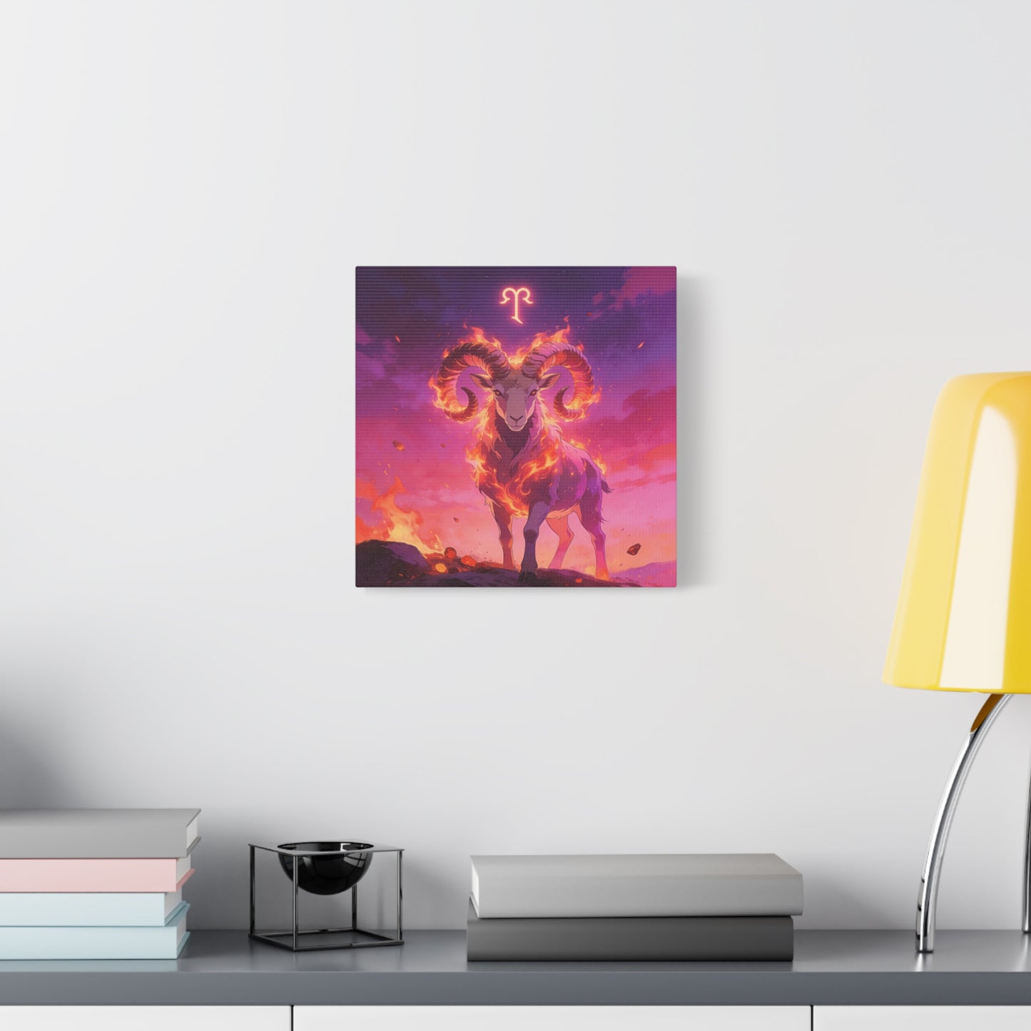 Aries Ram Canvas Wall Art - Fiery Zodiac Illustration, Purple Pink Flame Sky, Matte Canvas Print, Modern Fantasy Style, Bedroom Wall Decor, Home Office Accent, Statement Piece For Astrology Lovers