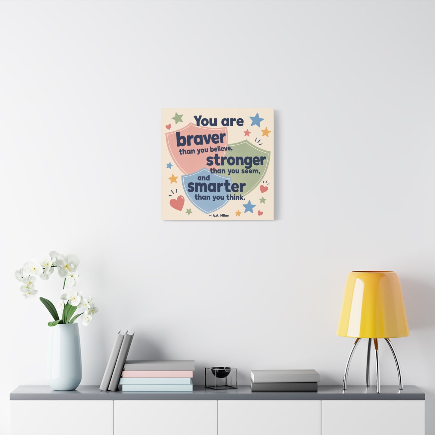 "You Are Braver, Stronger, Smarter" Quote Canvas Wall Art - Kids Inspirational Typography Print, Pastel Shield Stars Hearts Design - Nursery Bedroom Classroom Decor - Office Wall Art - Ready to Hang